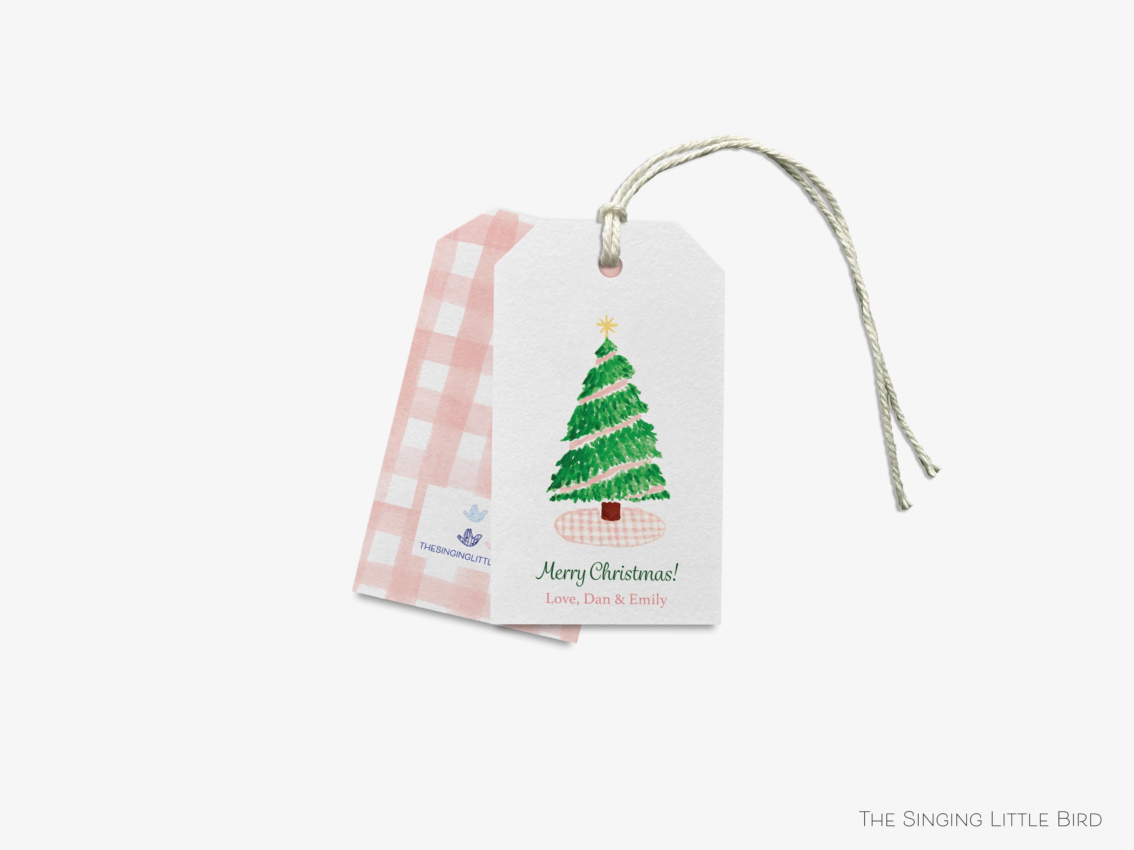 Personalized Pink Gingham Christmas Tree Gift Tags-These gift tags come in sets, hole-punched with white twine and feature our hand-painted watercolor Christmas tree and pink gingham, printed in the USA on 120lb textured stock. They make great tags for gifting or gifts for the holiday lover in your life.-The Singing Little Bird