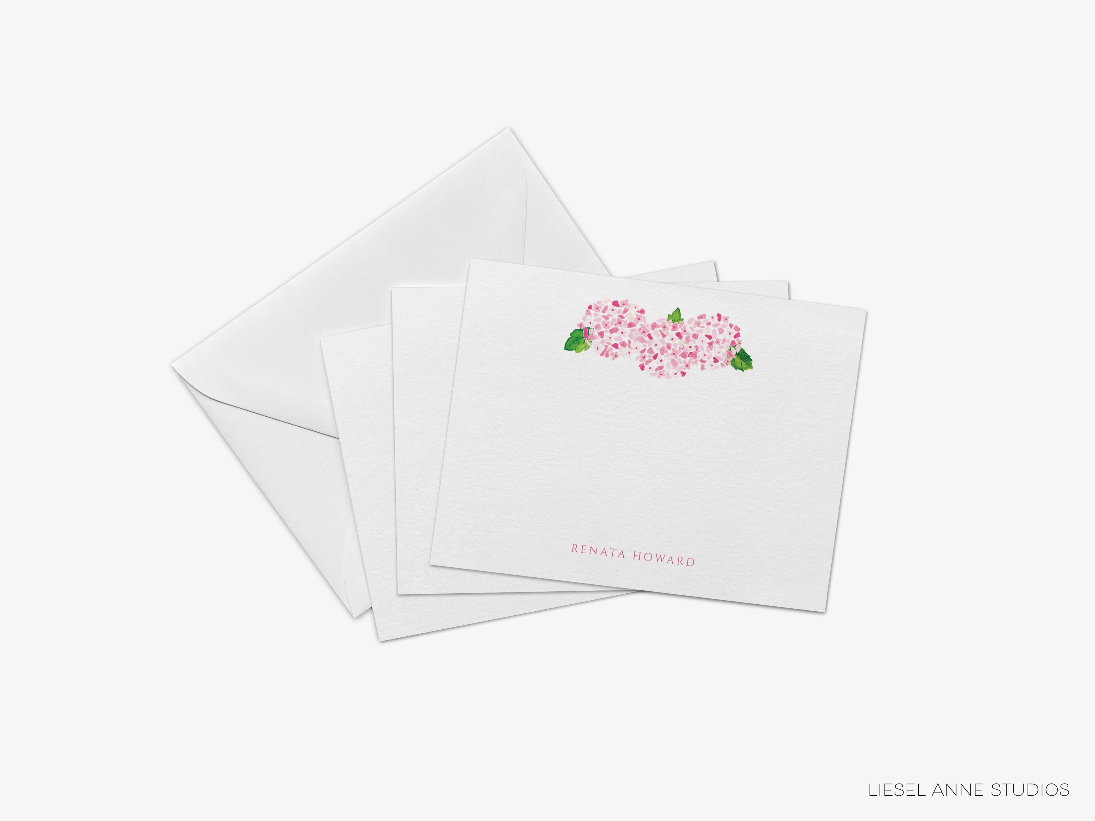 Personalized Pink Hydrangea Flat Notes-These personalized flat notecards are 4.25x5.5 and feature our hand-painted watercolor Hydrangeas, printed in the USA on 120lb textured stock. They come with your choice of envelopes and make great thank yous and gifts for the floral lover in your life.-The Singing Little Bird