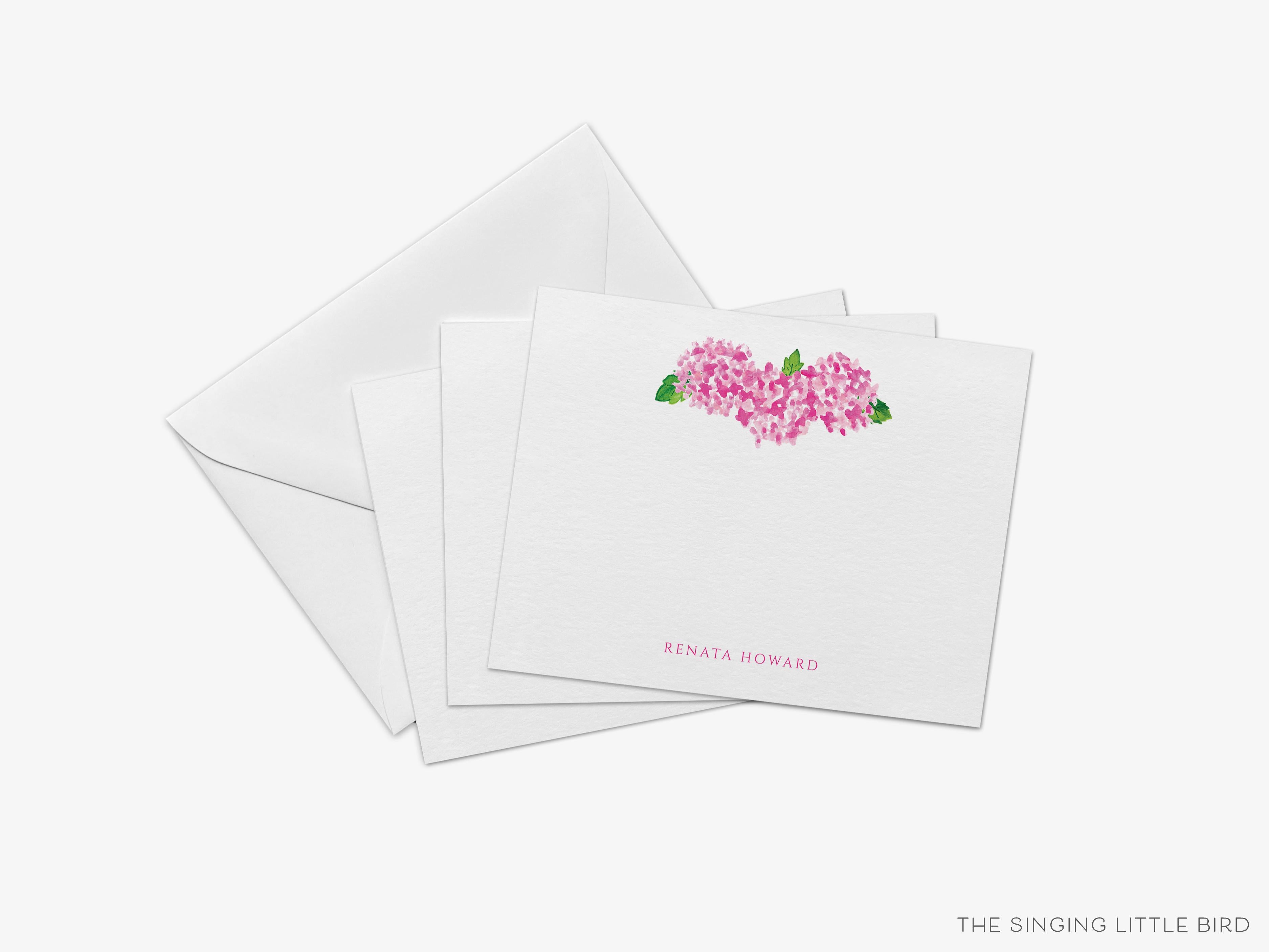 Personalized Pink Hydrangea Flat Notes-These personalized flat notecards are 4.25x5.5 and feature our hand-painted watercolor Hydrangeas, printed in the USA on 120lb textured stock. They come with your choice of envelopes and make great thank yous and gifts for the floral lover in your life.-The Singing Little Bird