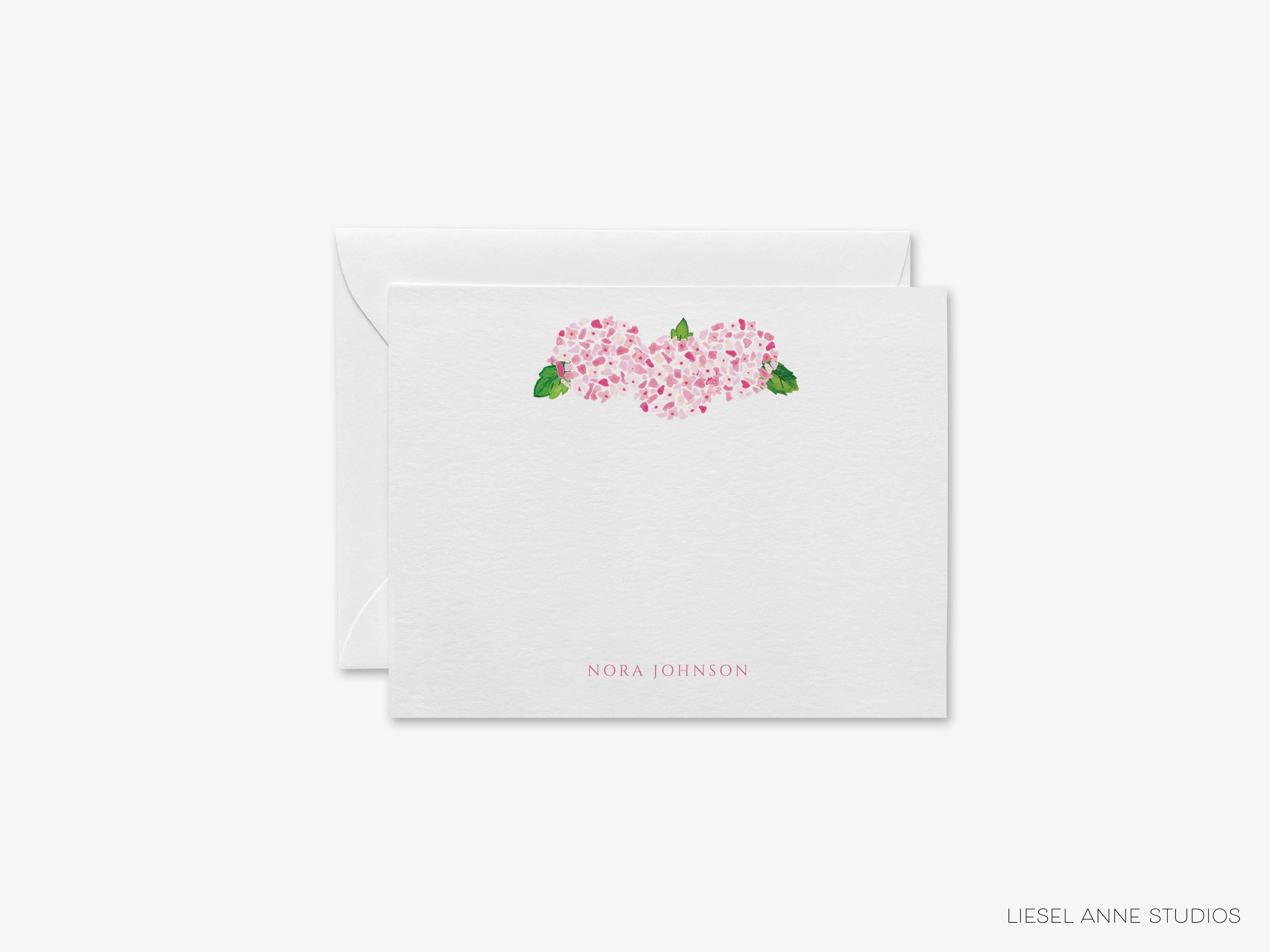 Personalized Pink Hydrangea Flat Notes-These personalized flat notecards are 4.25x5.5 and feature our hand-painted watercolor Hydrangeas, printed in the USA on 120lb textured stock. They come with your choice of envelopes and make great thank yous and gifts for the floral lover in your life.-The Singing Little Bird