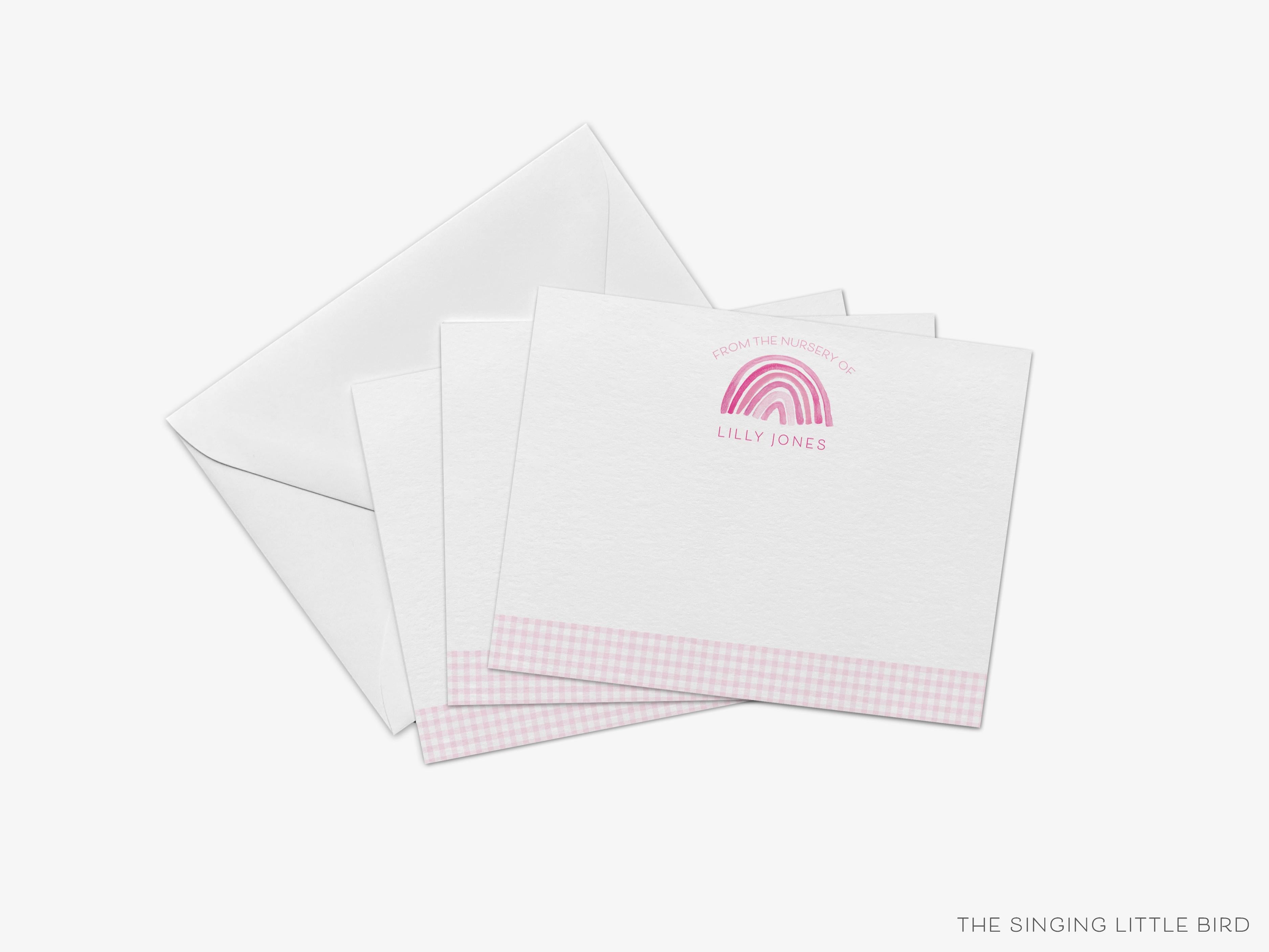 Personalized Pink Nursery Rainbow Flat Notes-These personalized flat notecards are 4.25x5.5 and feature our hand-painted watercolor pink rainbow, printed in the USA on 120lb textured stock. They come with your choice of envelopes and make great thank yous and gifts for the new baby girl in your life.-The Singing Little Bird