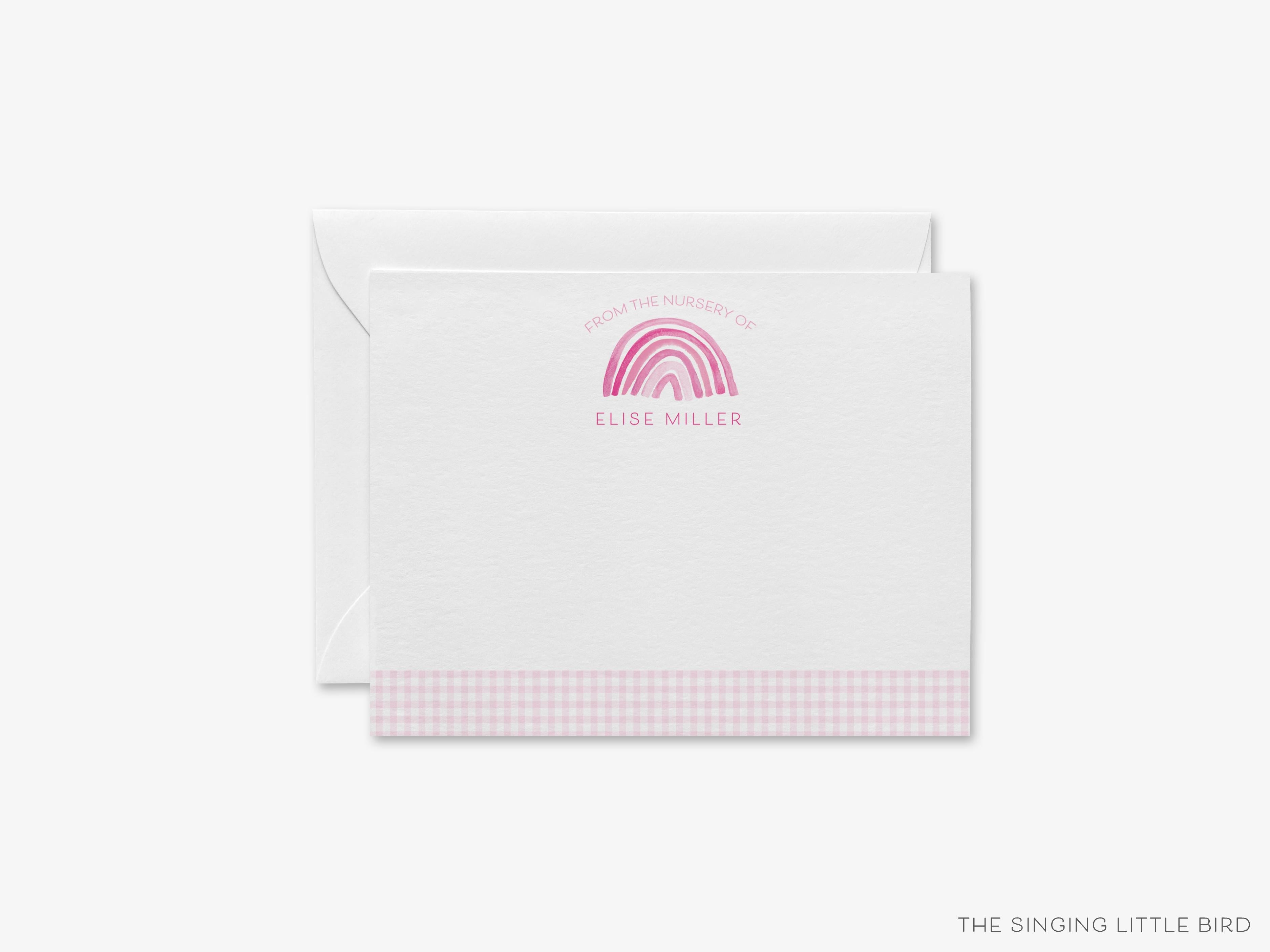 Personalized Pink Nursery Rainbow Flat Notes-These personalized flat notecards are 4.25x5.5 and feature our hand-painted watercolor pink rainbow, printed in the USA on 120lb textured stock. They come with your choice of envelopes and make great thank yous and gifts for the new baby girl in your life.-The Singing Little Bird