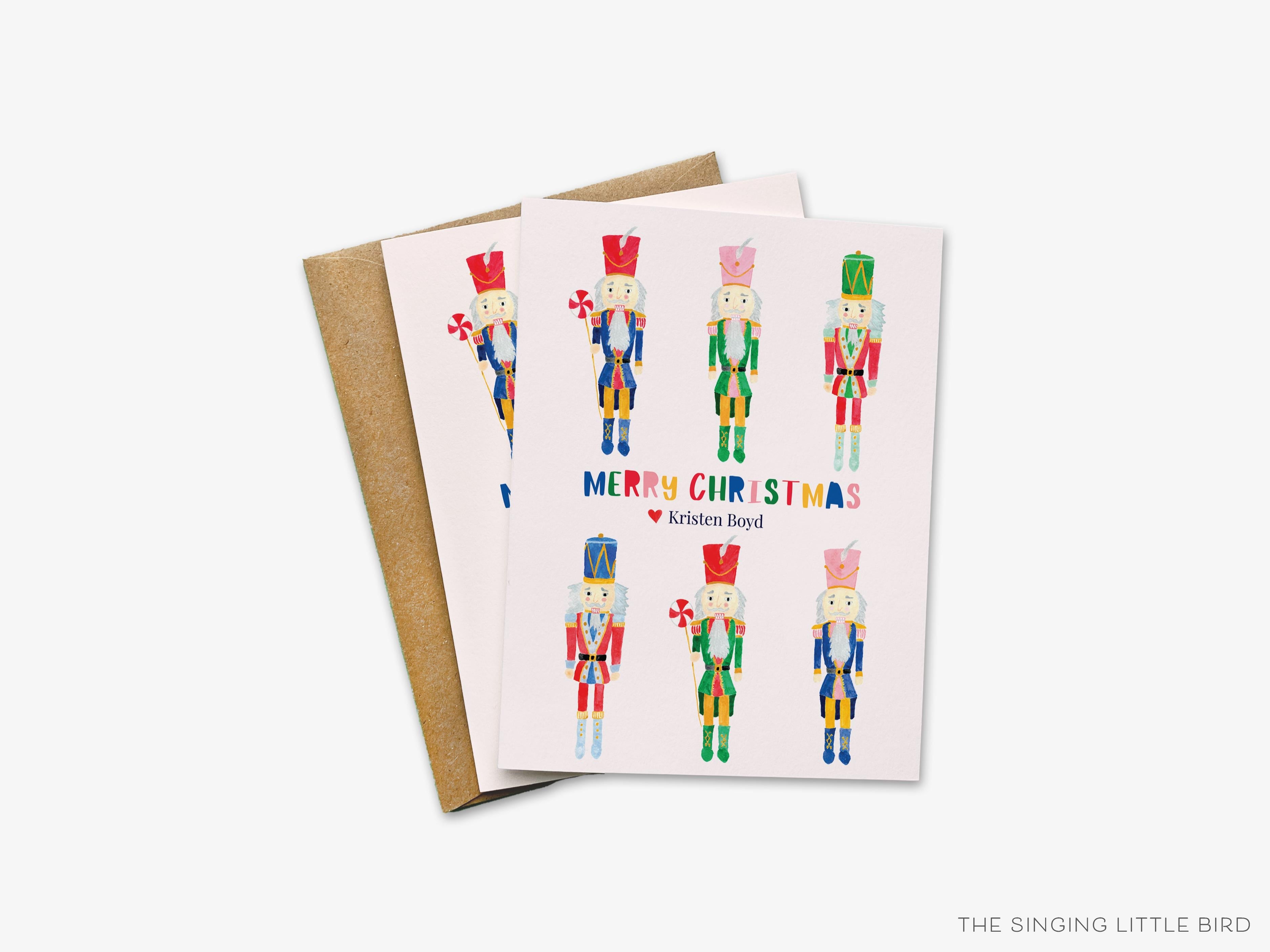 Personalized Pink Nutcracker Christmas Cards-These folded greeting cards are 4.25x5.5 and feature our hand-painted nutcrackers, printed in the USA on 100lb textured stock. They come with a White or Kraft envelope and make a great just because card for the Christmas lover in your life.-The Singing Little Bird