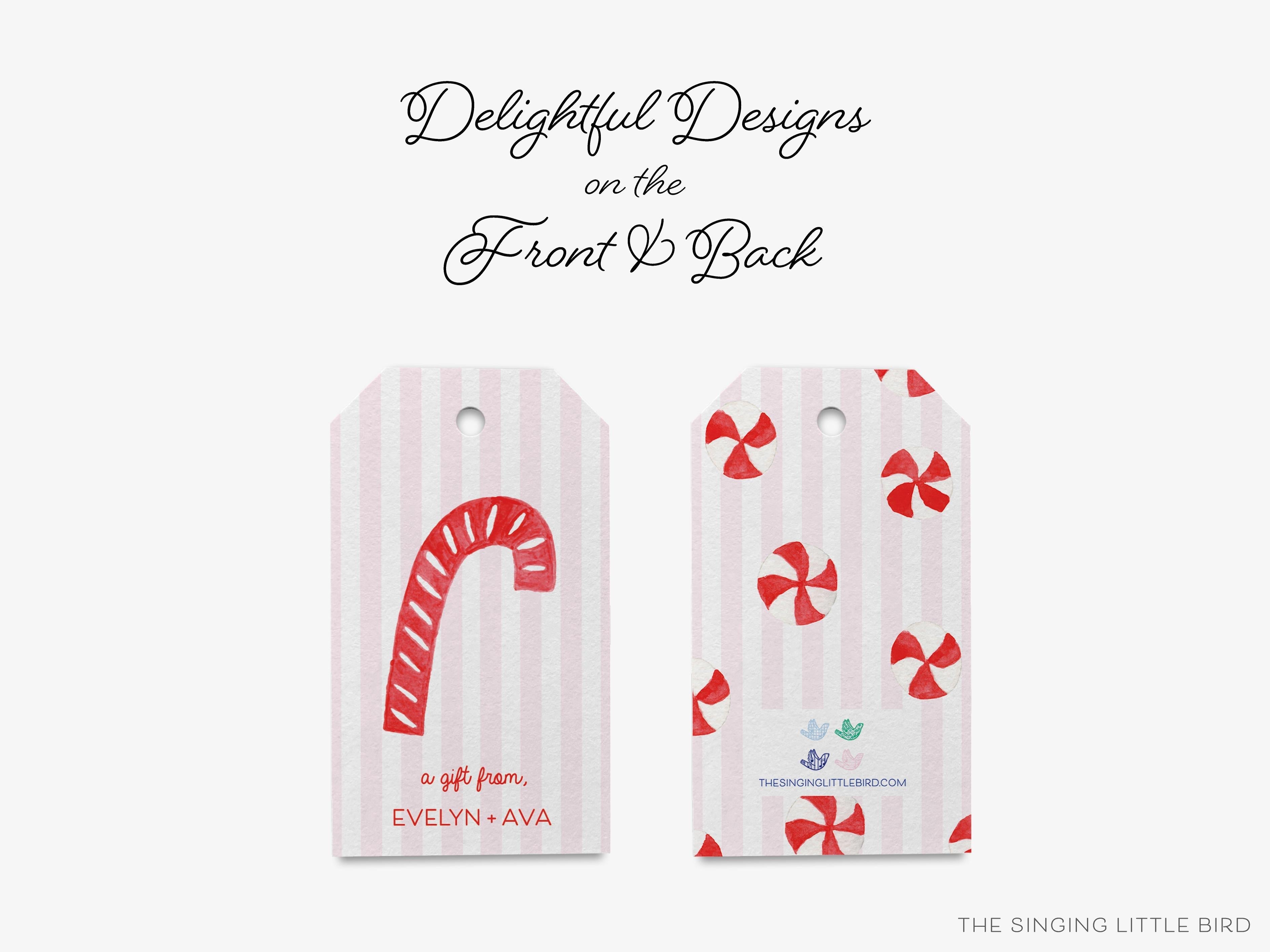 Personalized Pink Stiped Candy Cane Christmas Gift Tags-These gift tags come in sets, hole-punched with white twine and feature our hand-painted watercolor candy cane, printed in the USA on 120lb textured stock. They make great tags for gifting or gifts for the holiday sweet tooth lover in your life.-The Singing Little Bird