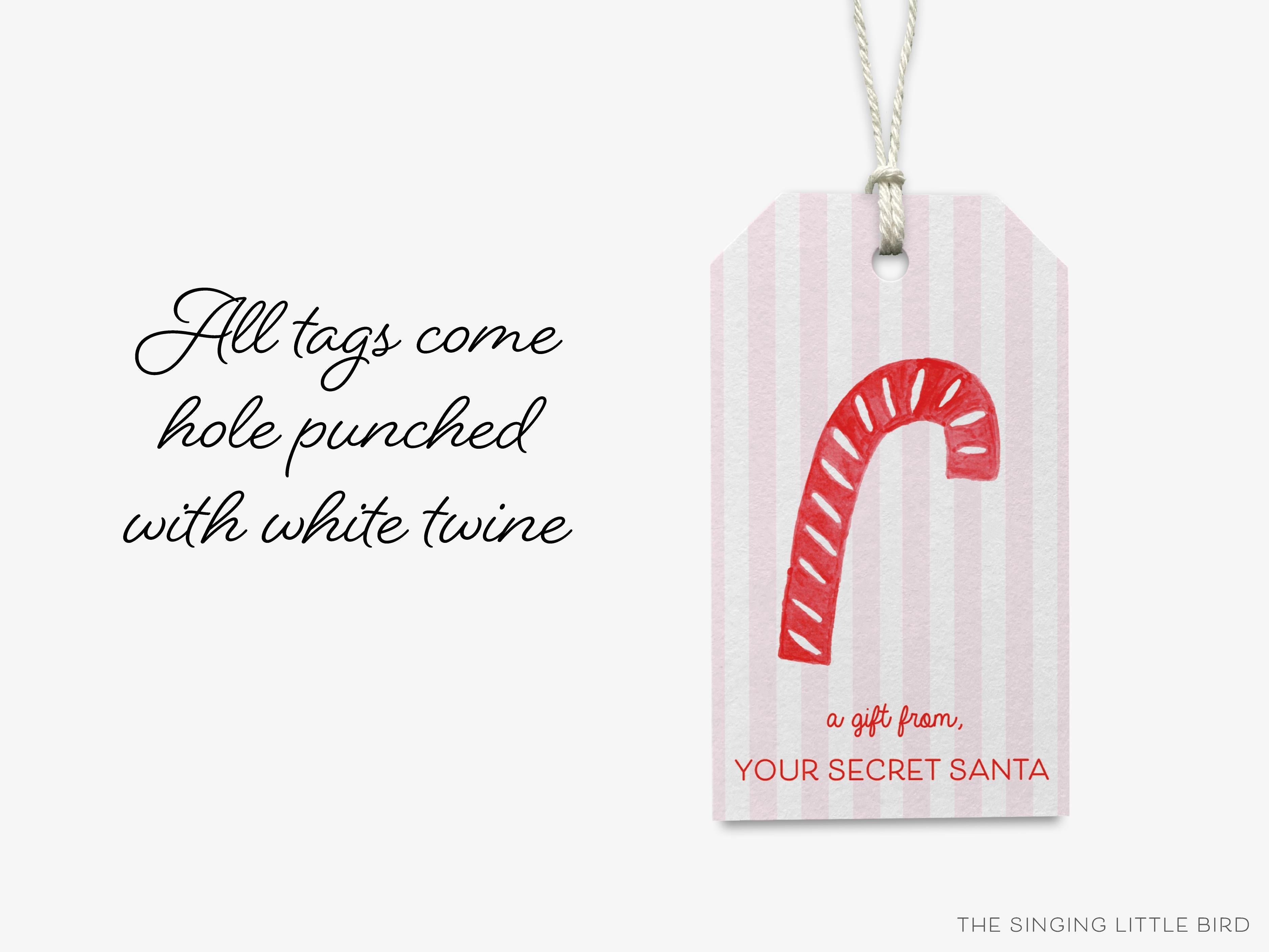 Personalized Pink Stiped Candy Cane Christmas Gift Tags-These gift tags come in sets, hole-punched with white twine and feature our hand-painted watercolor candy cane, printed in the USA on 120lb textured stock. They make great tags for gifting or gifts for the holiday sweet tooth lover in your life.-The Singing Little Bird
