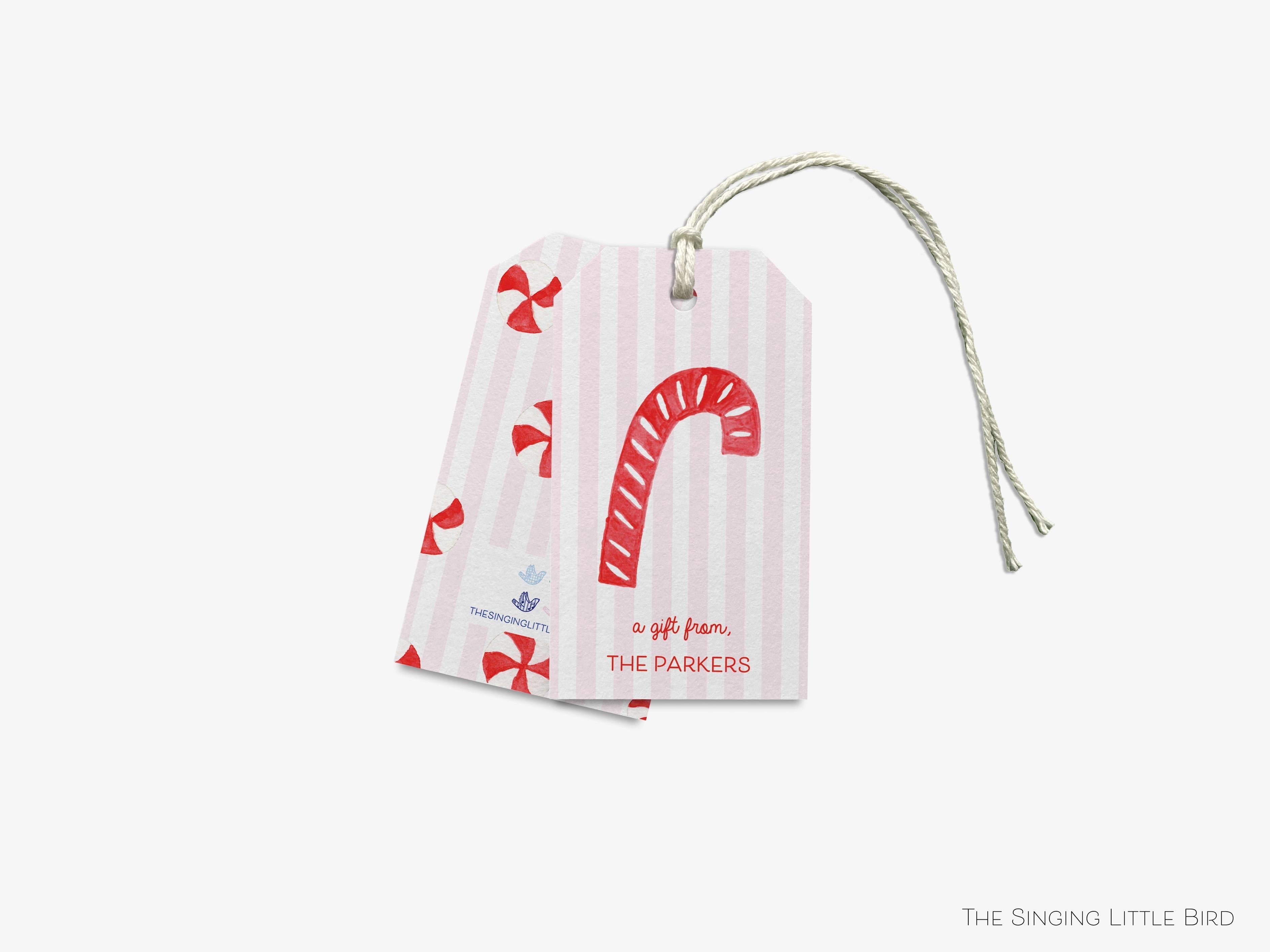 Personalized Pink Stiped Candy Cane Christmas Gift Tags-These gift tags come in sets, hole-punched with white twine and feature our hand-painted watercolor candy cane, printed in the USA on 120lb textured stock. They make great tags for gifting or gifts for the holiday sweet tooth lover in your life.-The Singing Little Bird