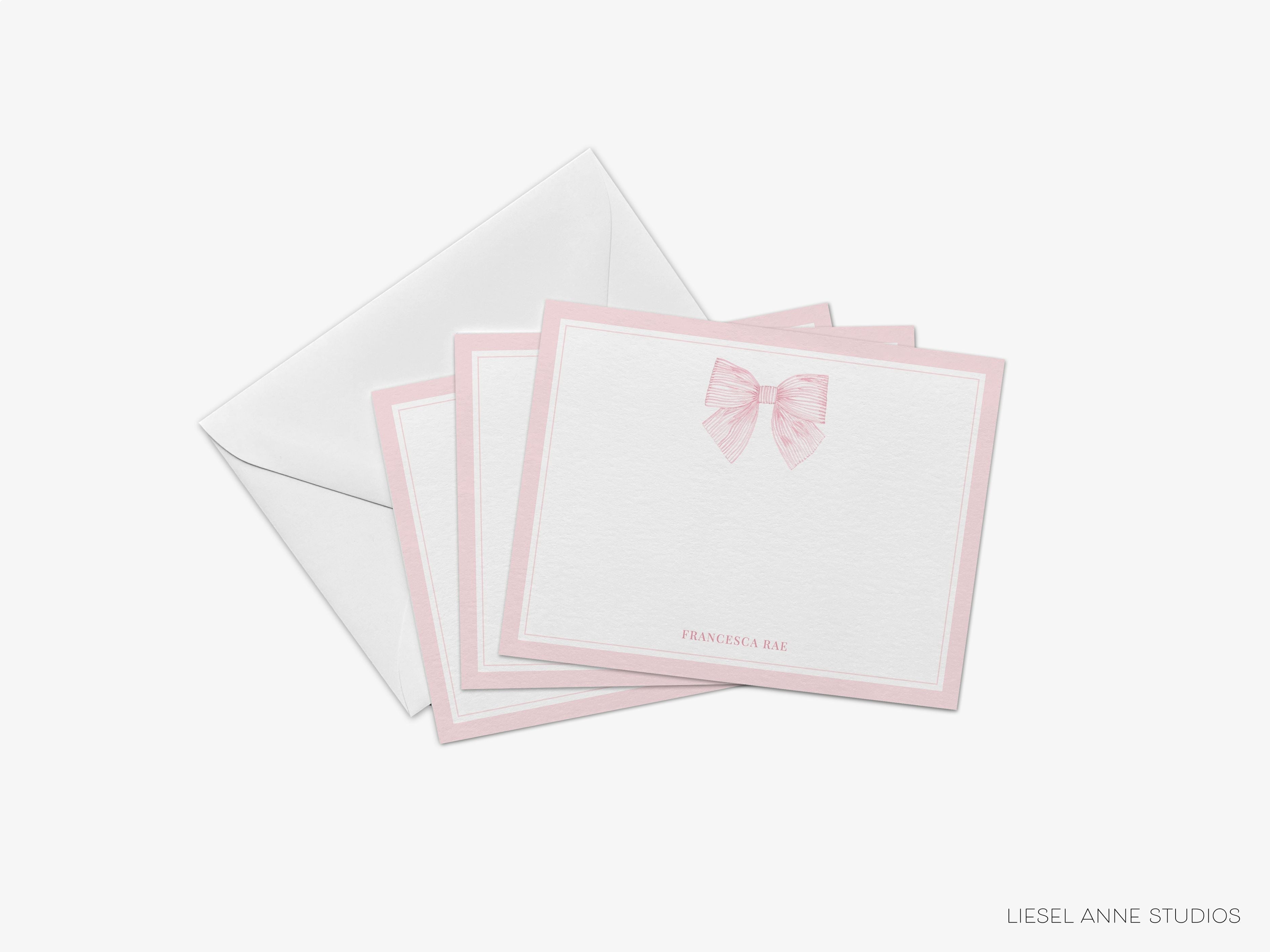 Personalized Pink Striped Bow Flat Notes-These personalized flat notecards are 4.25x5.5 and feature our hand-painted watercolor pink bow, printed in the USA on 120lb textured stock. They come with your choice of envelopes and make great thank you cards and gifts for the bow lover in your life.-The Singing Little Bird