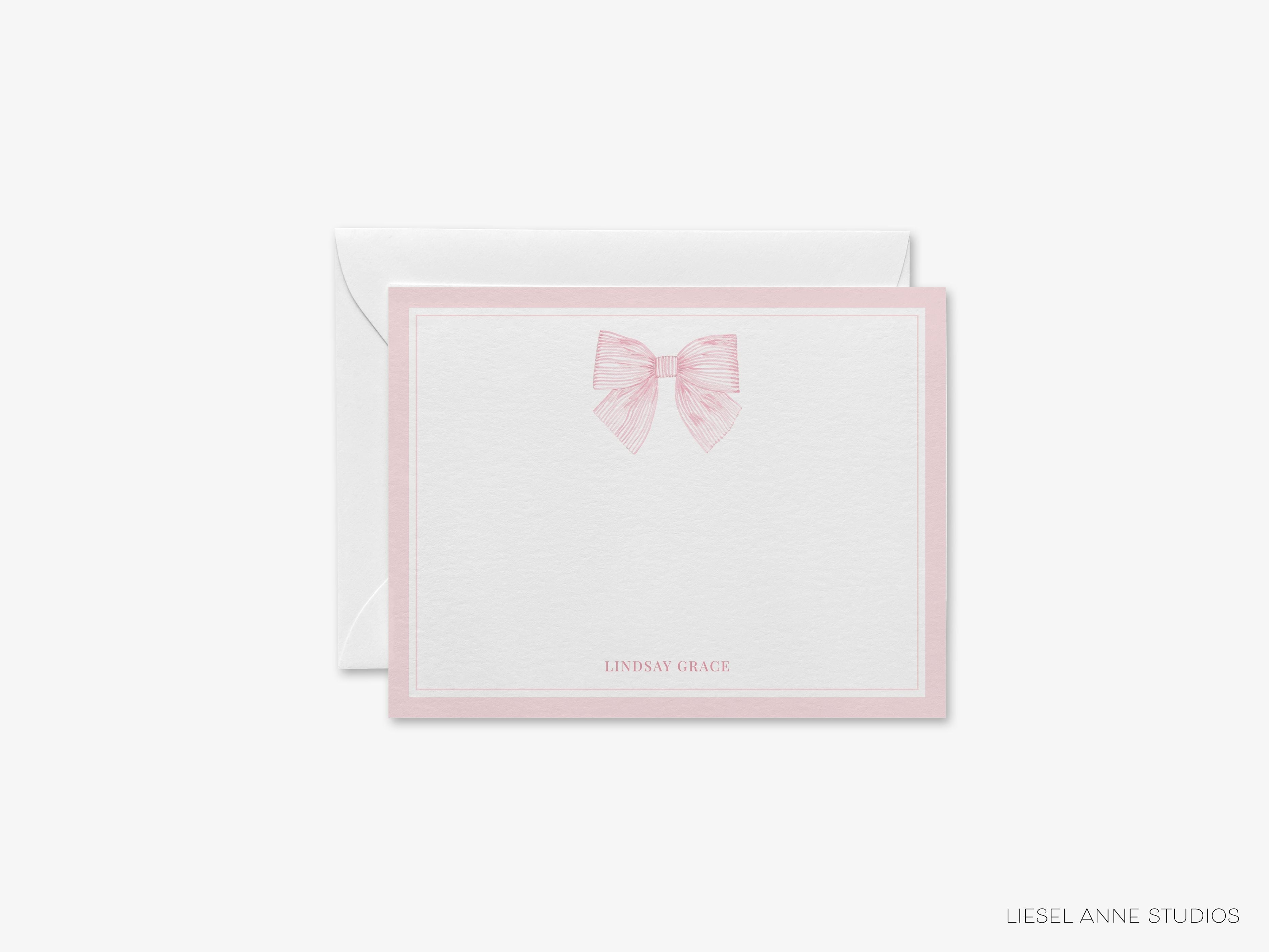 Personalized Pink Striped Bow Flat Notes-These personalized flat notecards are 4.25x5.5 and feature our hand-painted watercolor pink bow, printed in the USA on 120lb textured stock. They come with your choice of envelopes and make great thank you cards and gifts for the bow lover in your life.-The Singing Little Bird