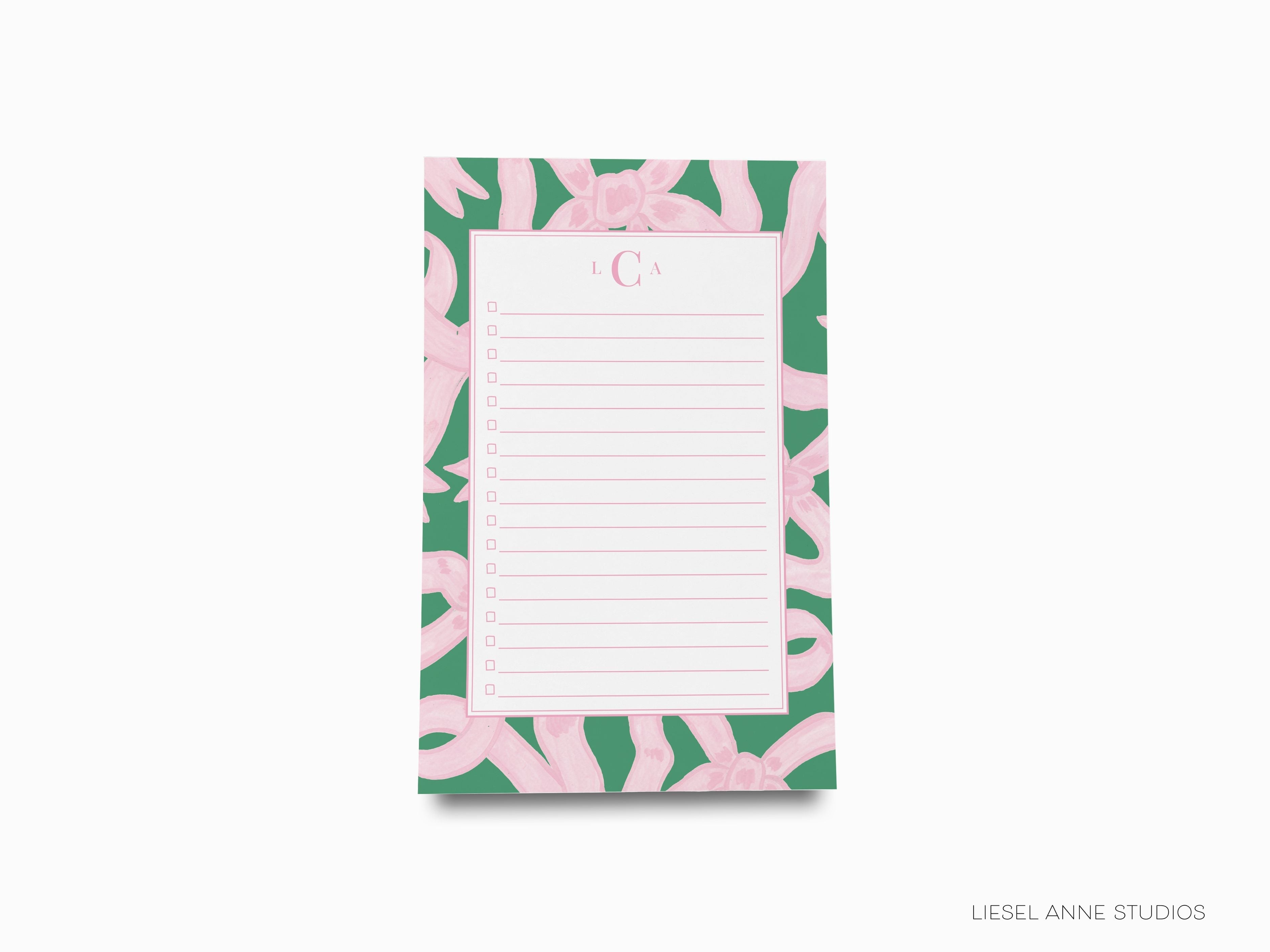 Personalized Pink and Green Bow Notepad-These personalized notepads feature our hand-painted watercolor pink and green golden bows, printed in the USA on a beautiful smooth stock. You choose which size you want (or bundled together for a beautiful gift set) and makes a great gift for the checklist and feminine bow lover in your life.-The Singing Little Bird