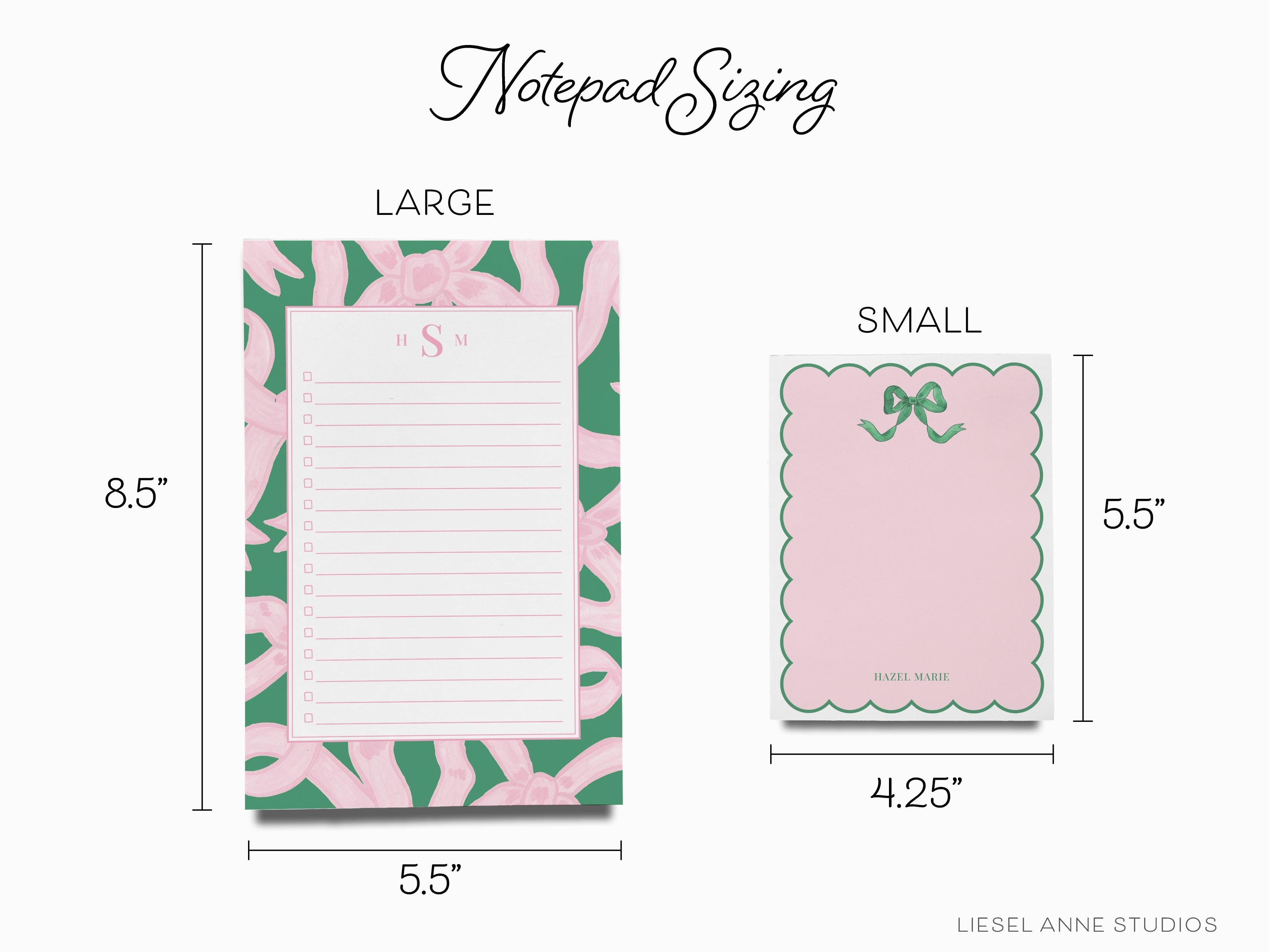 Personalized Pink and Green Bow Notepad-These personalized notepads feature our hand-painted watercolor pink and green golden bows, printed in the USA on a beautiful smooth stock. You choose which size you want (or bundled together for a beautiful gift set) and makes a great gift for the checklist and feminine bow lover in your life.-The Singing Little Bird