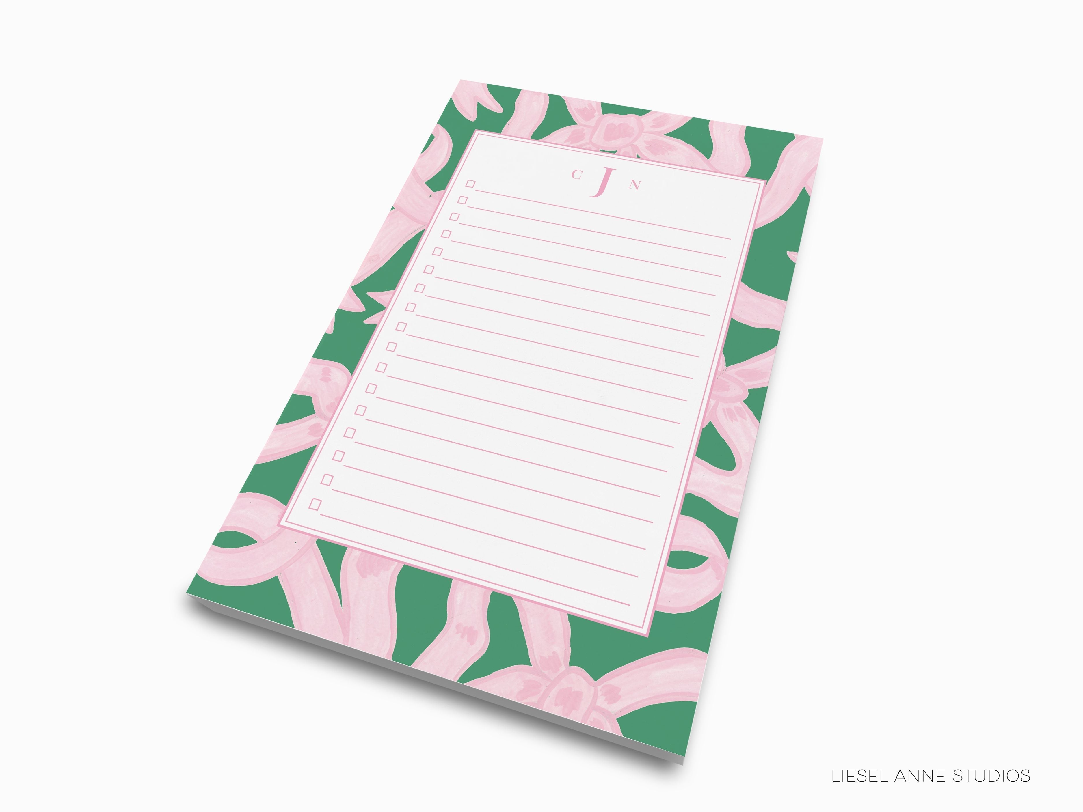 Personalized Pink and Green Bow Notepad-These personalized notepads feature our hand-painted watercolor pink and green golden bows, printed in the USA on a beautiful smooth stock. You choose which size you want (or bundled together for a beautiful gift set) and makes a great gift for the checklist and feminine bow lover in your life.-The Singing Little Bird