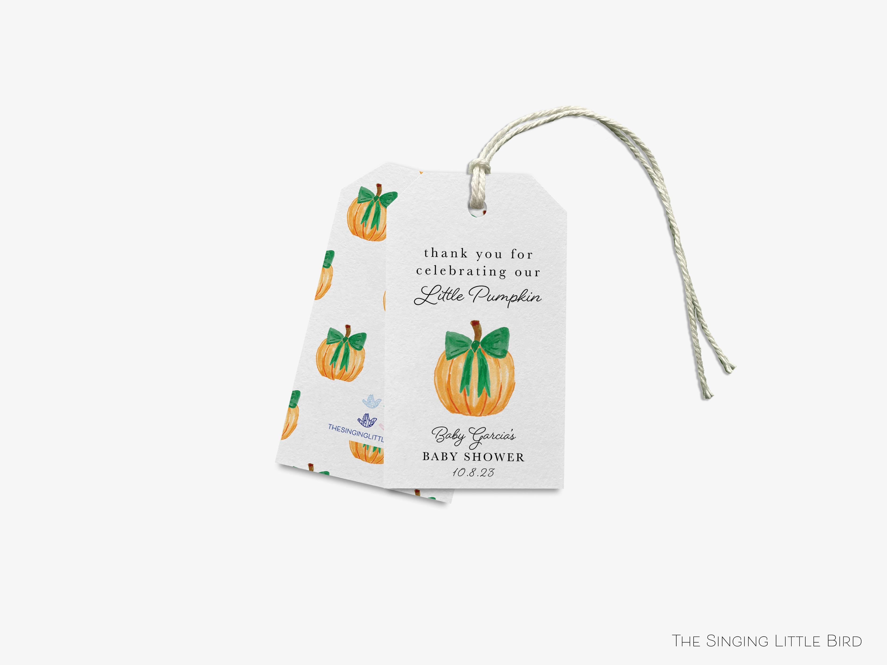 Personalized Pumpkin Baby Shower Favor Tags-These gift tags come in sets, hole-punched with white twine and feature our hand-painted watercolor pumpkin, printed in the USA on 120lb textured stock. They make great tags for favor Fall season babies in your life.-The Singing Little Bird
