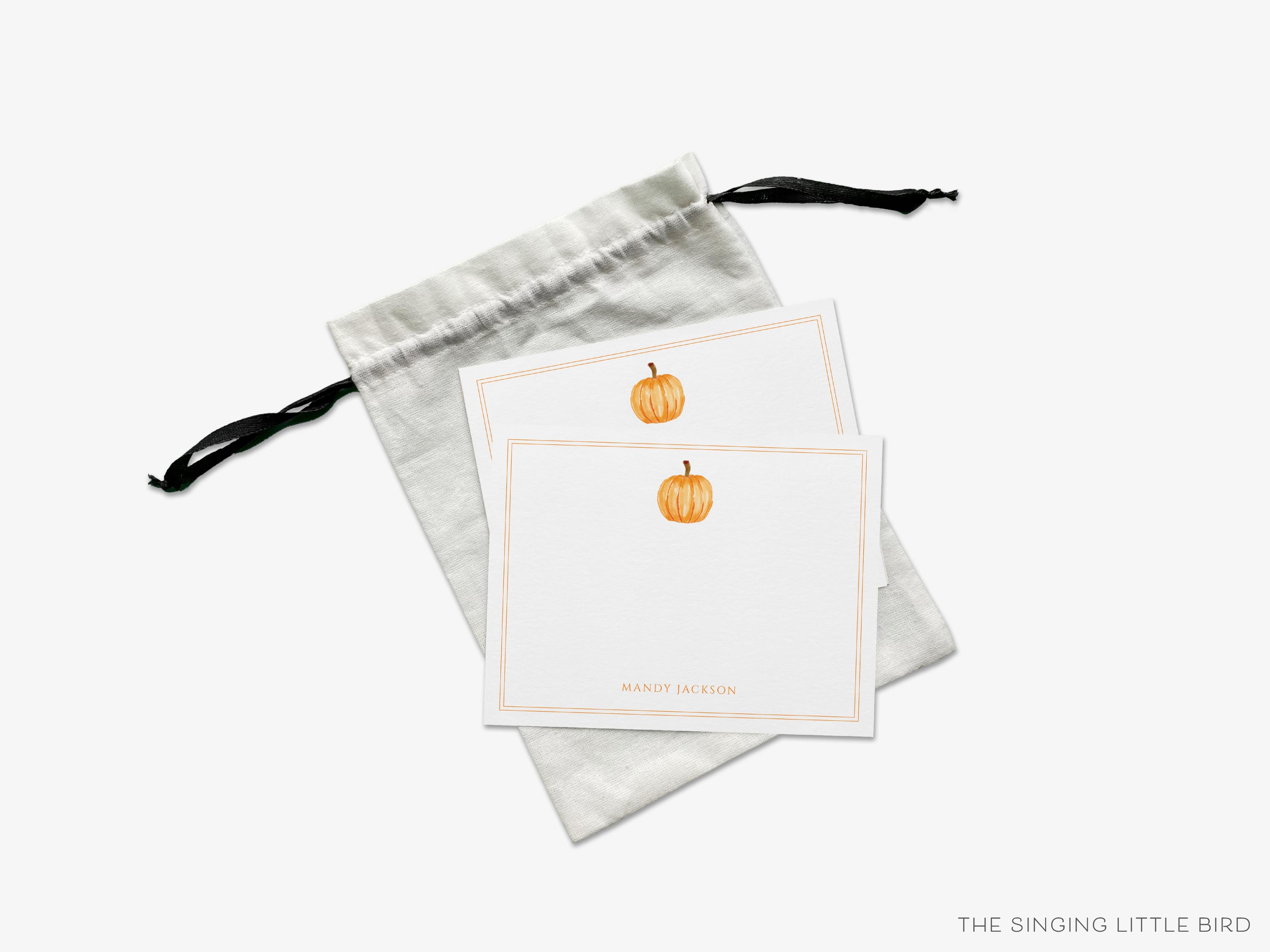 Personalized Pumpkin Flat Notes-These personalized flat notecards are 4.25x5.5 and feature our hand-painted watercolor pumpkin, printed in the USA on 120lb textured stock. They come with your choice of envelopes and make great thank yous and gifts for the fall season lover in your life.-The Singing Little Bird