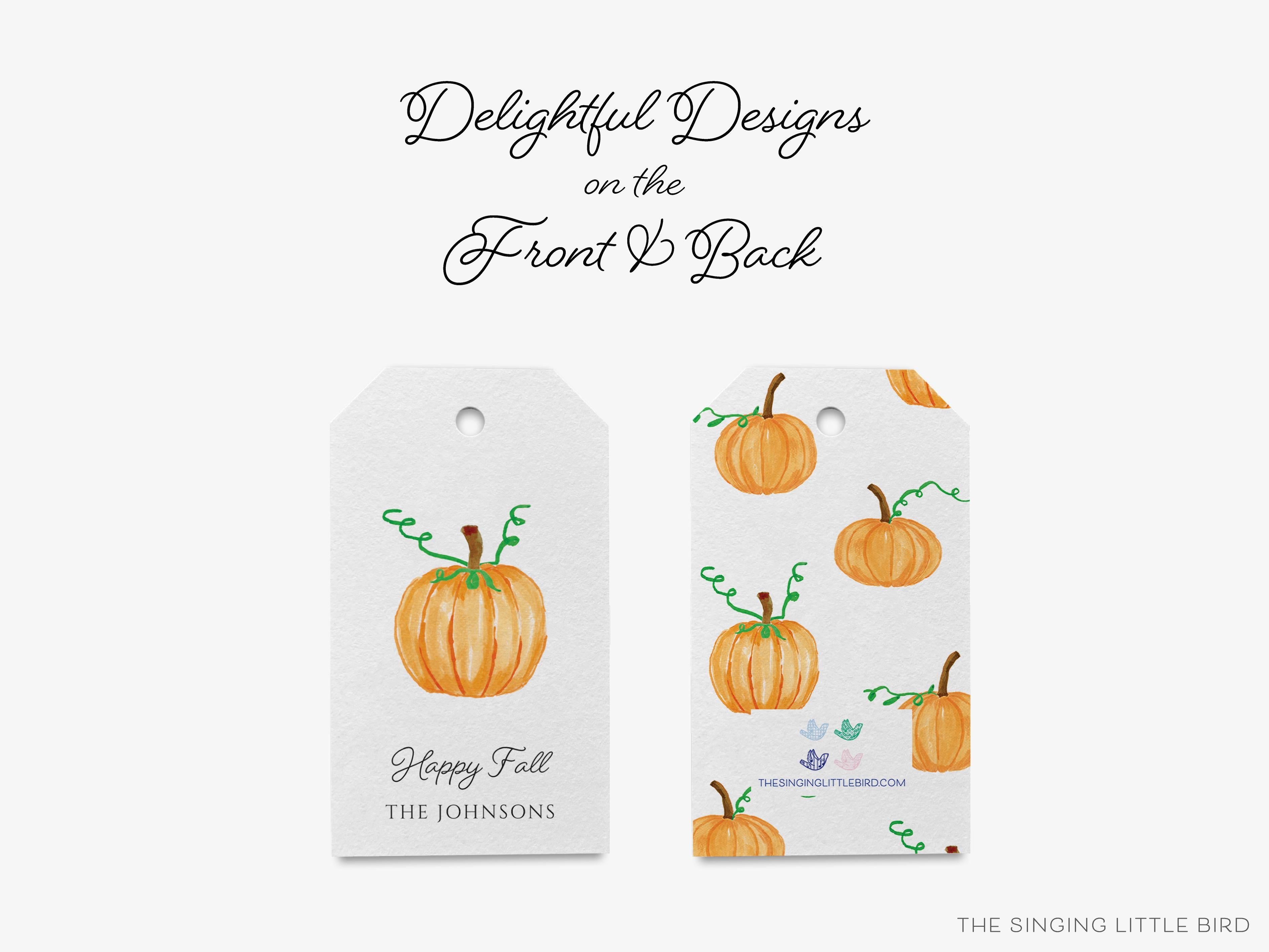 Personalized Pumpkin Gift Tags-These gift tags come in sets, hole-punched with white twine and feature our hand-painted watercolor pumpkin, printed in the USA on 120lb textured stock. They make great tags for gifting or gifts for the Fall season lover in your life.-The Singing Little Bird