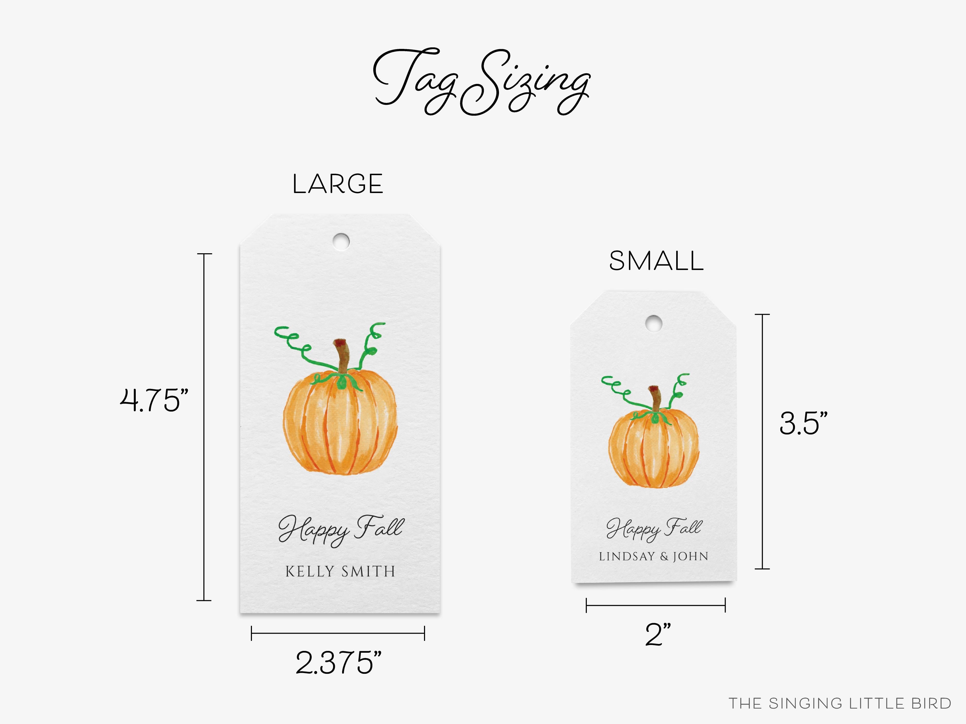 Personalized Pumpkin Gift Tags-These gift tags come in sets, hole-punched with white twine and feature our hand-painted watercolor pumpkin, printed in the USA on 120lb textured stock. They make great tags for gifting or gifts for the Fall season lover in your life.-The Singing Little Bird