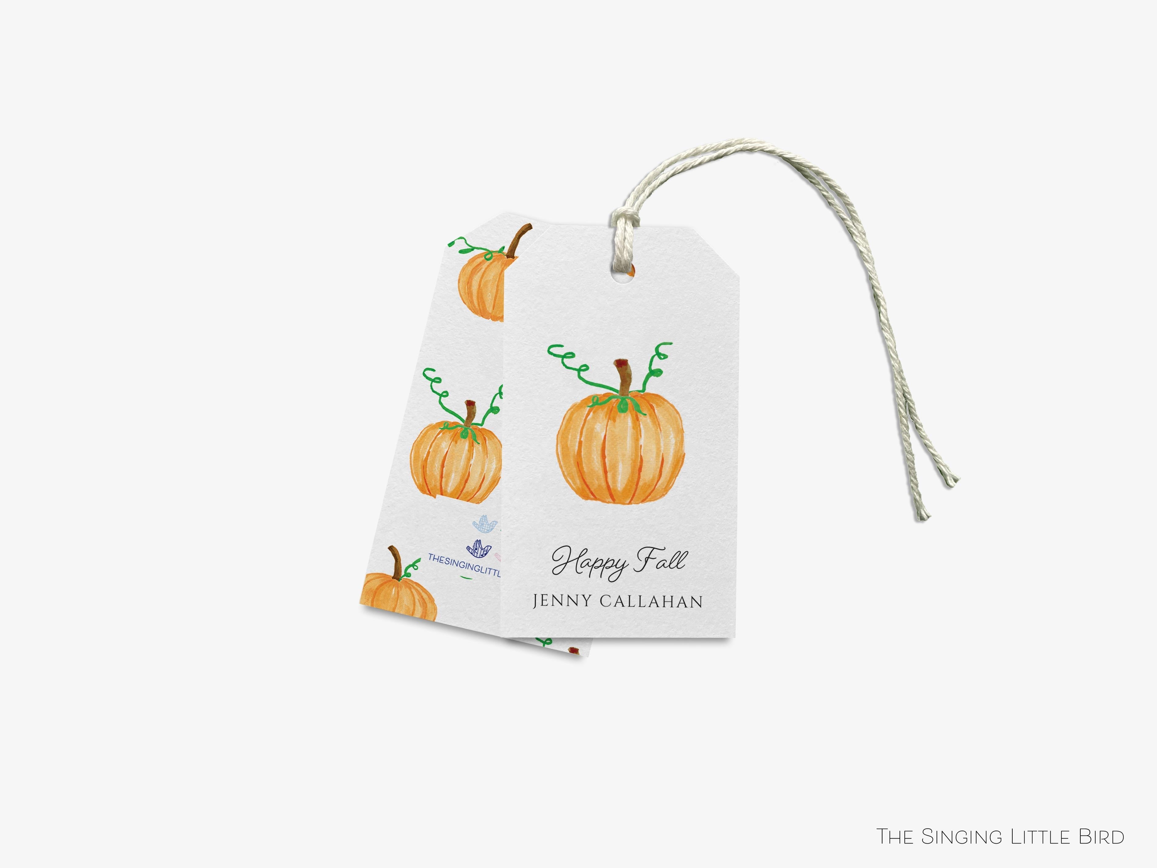 Personalized Pumpkin Gift Tags-These gift tags come in sets, hole-punched with white twine and feature our hand-painted watercolor pumpkin, printed in the USA on 120lb textured stock. They make great tags for gifting or gifts for the Fall season lover in your life.-The Singing Little Bird
