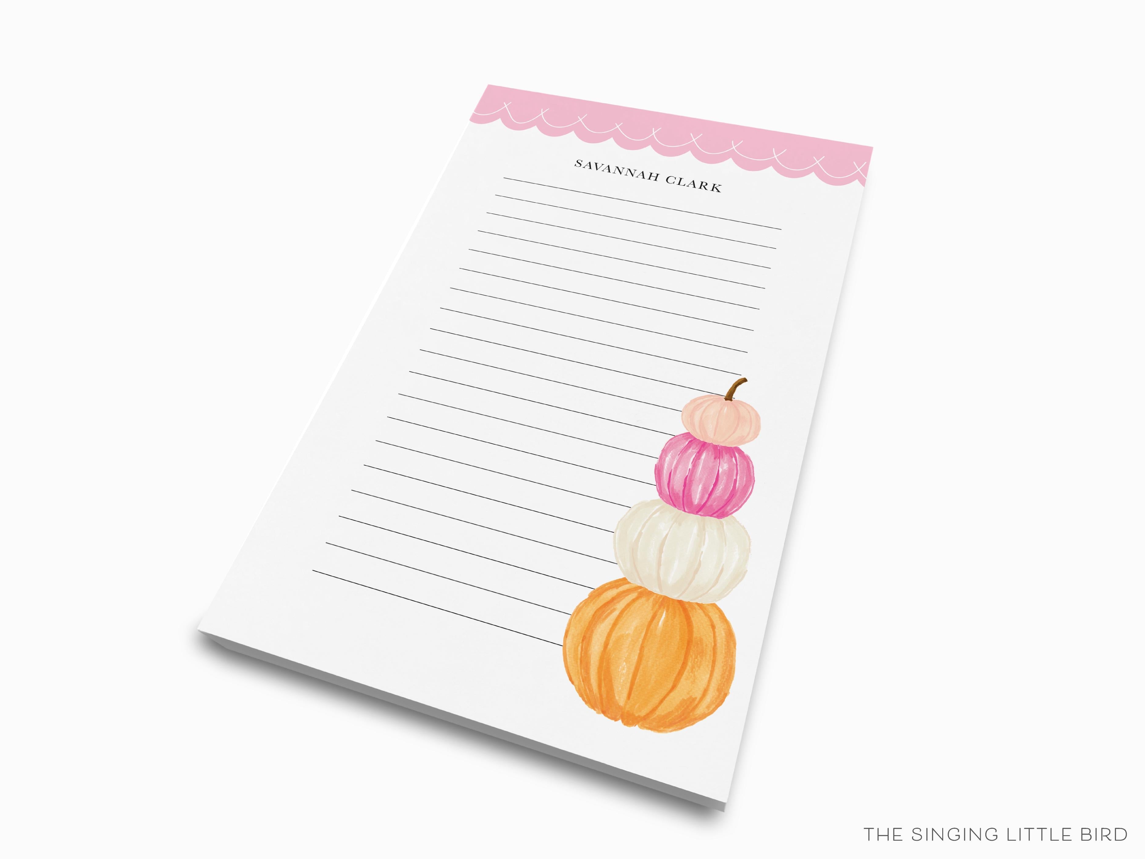 Personalized Pumpkin Notepad-These personalized notepads feature our hand-painted watercolor pumpkins, printed in the USA on a beautiful smooth stock. You choose which size you want (or bundled together for a beautiful gift set) and makes a great gift for the checklist and Fall season lover in your life.-The Singing Little Bird