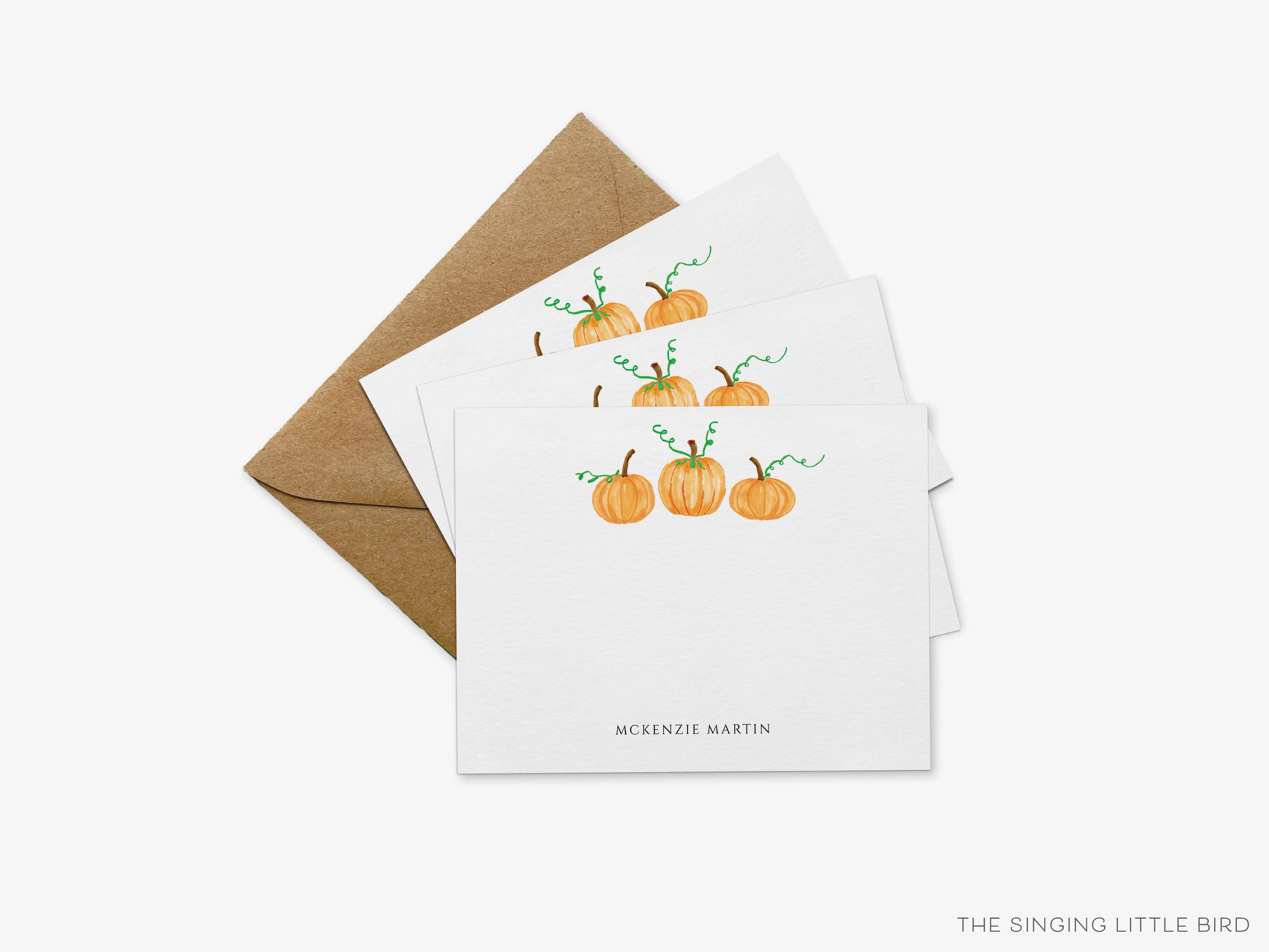 Personalized Pumpkin Trio Flat Notes-These personalized flat notecards are 4.25x5.5 and feature our hand-painted watercolor pumpkins, printed in the USA on 120lb textured stock. They come with your choice of envelopes and make great thank yous and gifts for the fall season lover in your life.-The Singing Little Bird