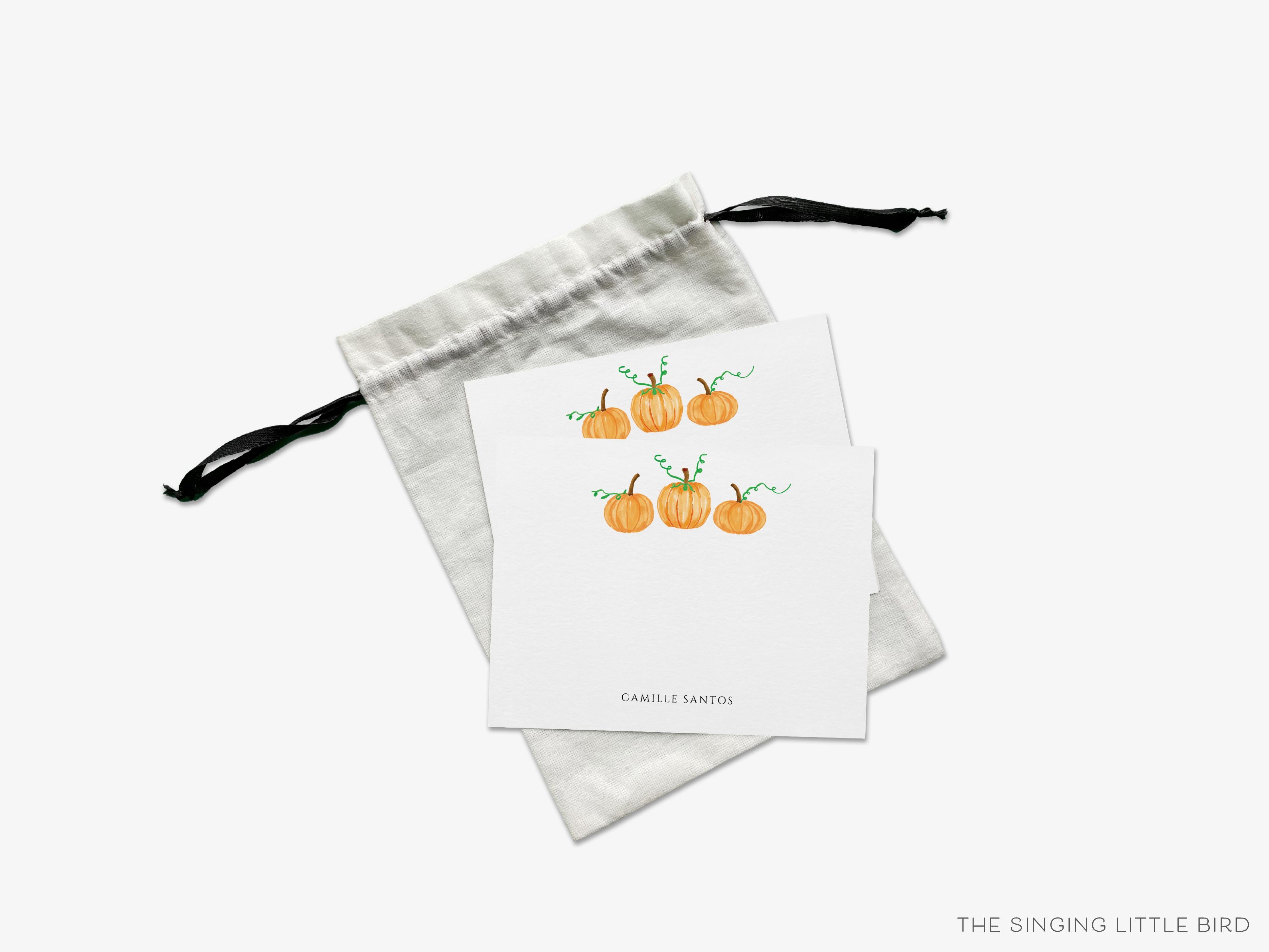 Personalized Pumpkin Trio Flat Notes-These personalized flat notecards are 4.25x5.5 and feature our hand-painted watercolor pumpkins, printed in the USA on 120lb textured stock. They come with your choice of envelopes and make great thank yous and gifts for the fall season lover in your life.-The Singing Little Bird