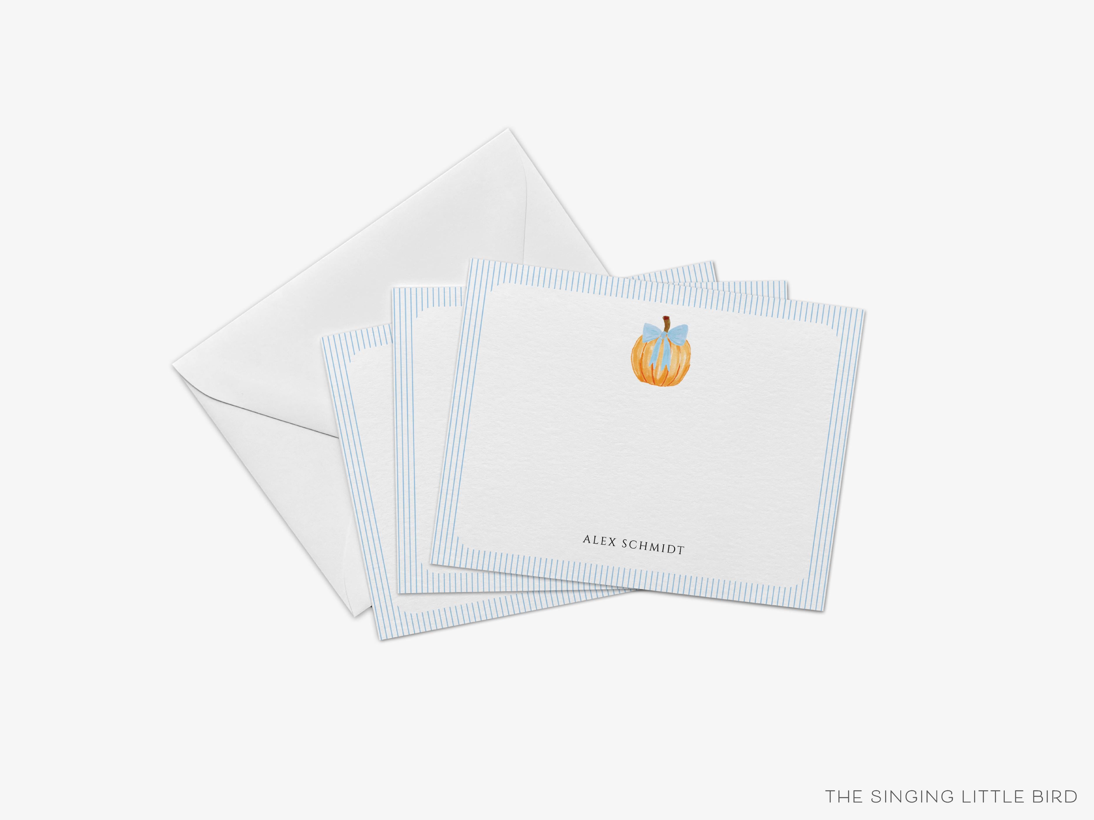 Personalized Pumpkin with Stripes Flat Notes-These personalized flat notecards are 4.25x5.5 and feature our hand-painted watercolor pumpkin and stripes, printed in the USA on 120lb textured stock. They come with your choice of envelopes and make great thank yous and gifts for the fall season lover in your life.-The Singing Little Bird