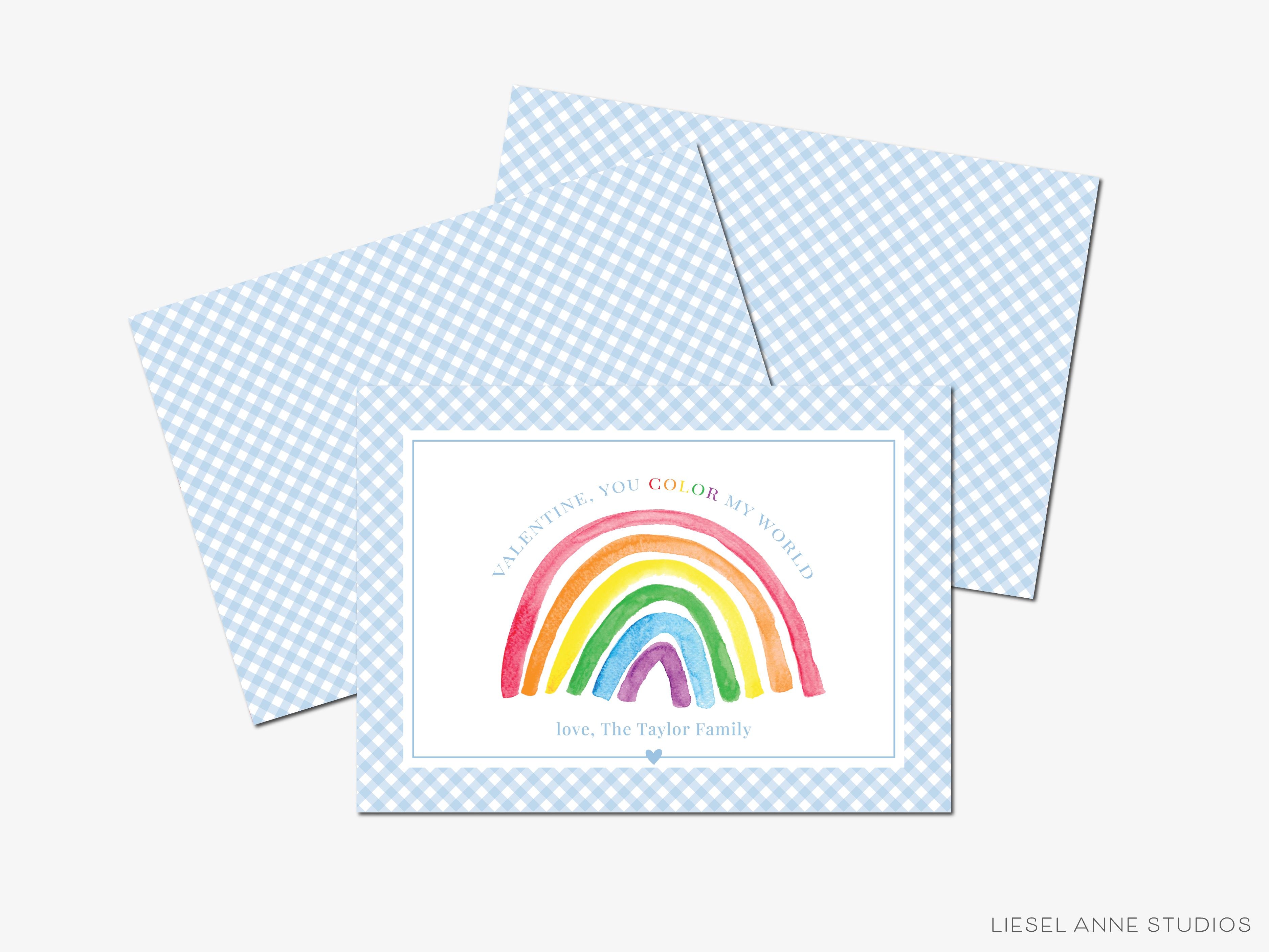 Personalized Rainbow Valentine's Day Cards-These personalized flat notecards are 3.5" x 4.875 and feature our hand-painted watercolor rainbow, printed in the USA on 120lb textured stock. They come with white envelopes and make great Valentine's Day cards for kids and rainbow lovers in your life.-The Singing Little Bird