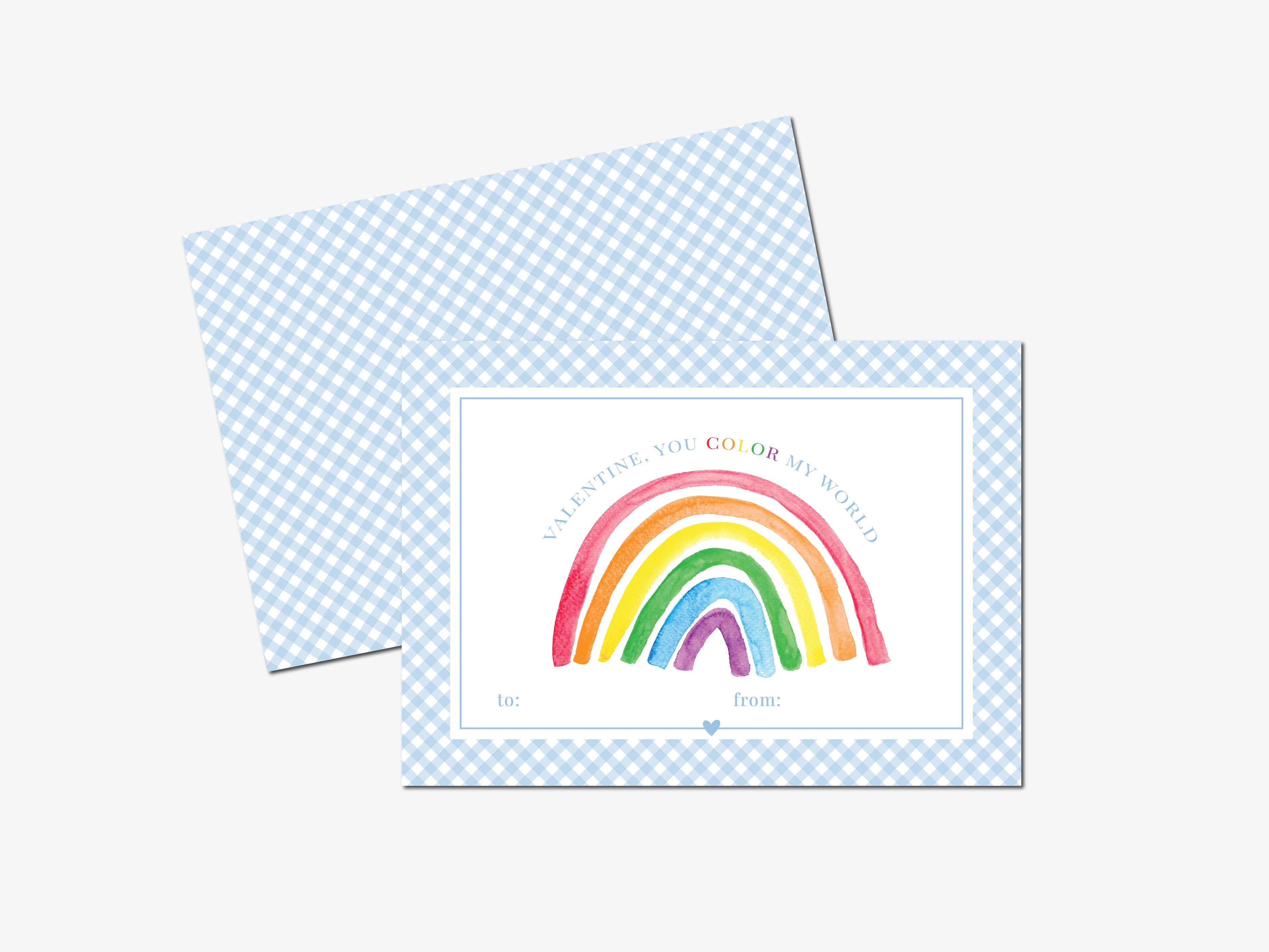 Personalized Rainbow Valentine's Day Cards-These personalized flat notecards are 3.5" x 4.875 and feature our hand-painted watercolor rainbow, printed in the USA on 120lb textured stock. They come with white envelopes and make great Valentine's Day cards for kids and rainbow lovers in your life.-The Singing Little Bird