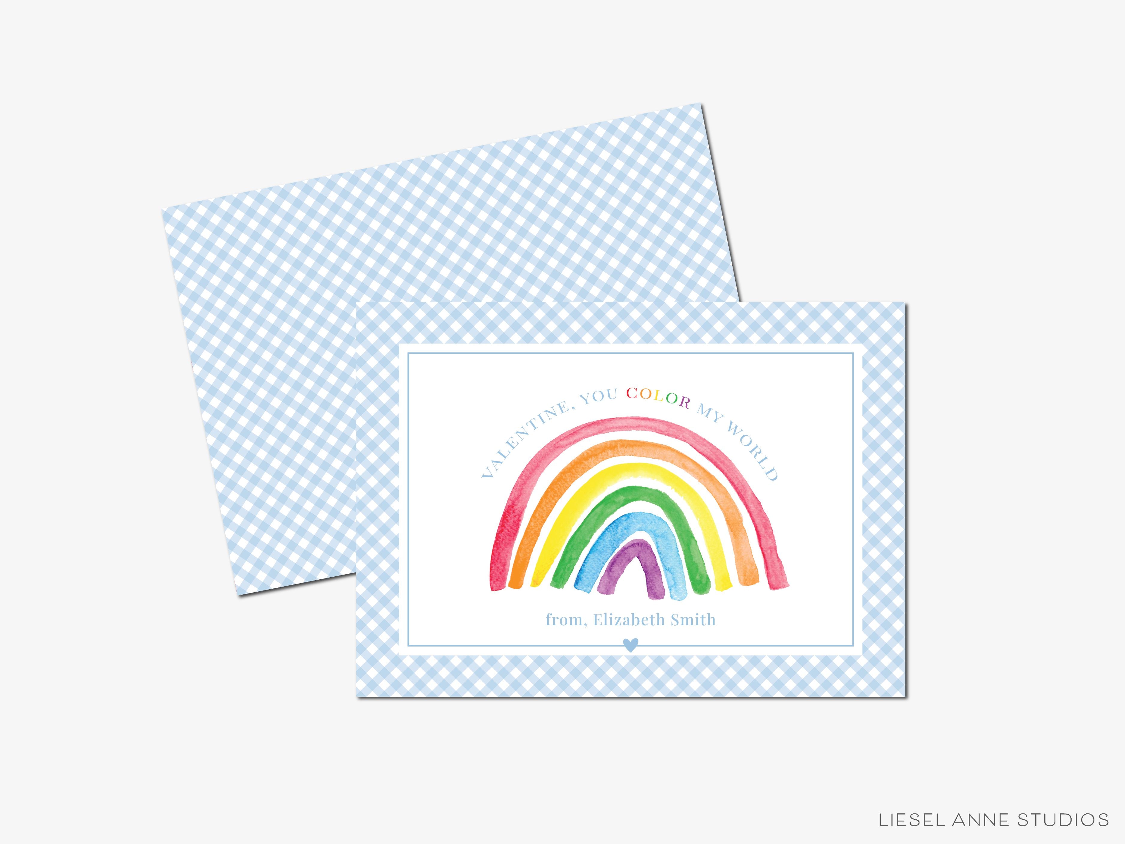 Personalized Rainbow Valentine's Day Cards-These personalized flat notecards are 3.5" x 4.875 and feature our hand-painted watercolor rainbow, printed in the USA on 120lb textured stock. They come with white envelopes and make great Valentine's Day cards for kids and rainbow lovers in your life.-The Singing Little Bird