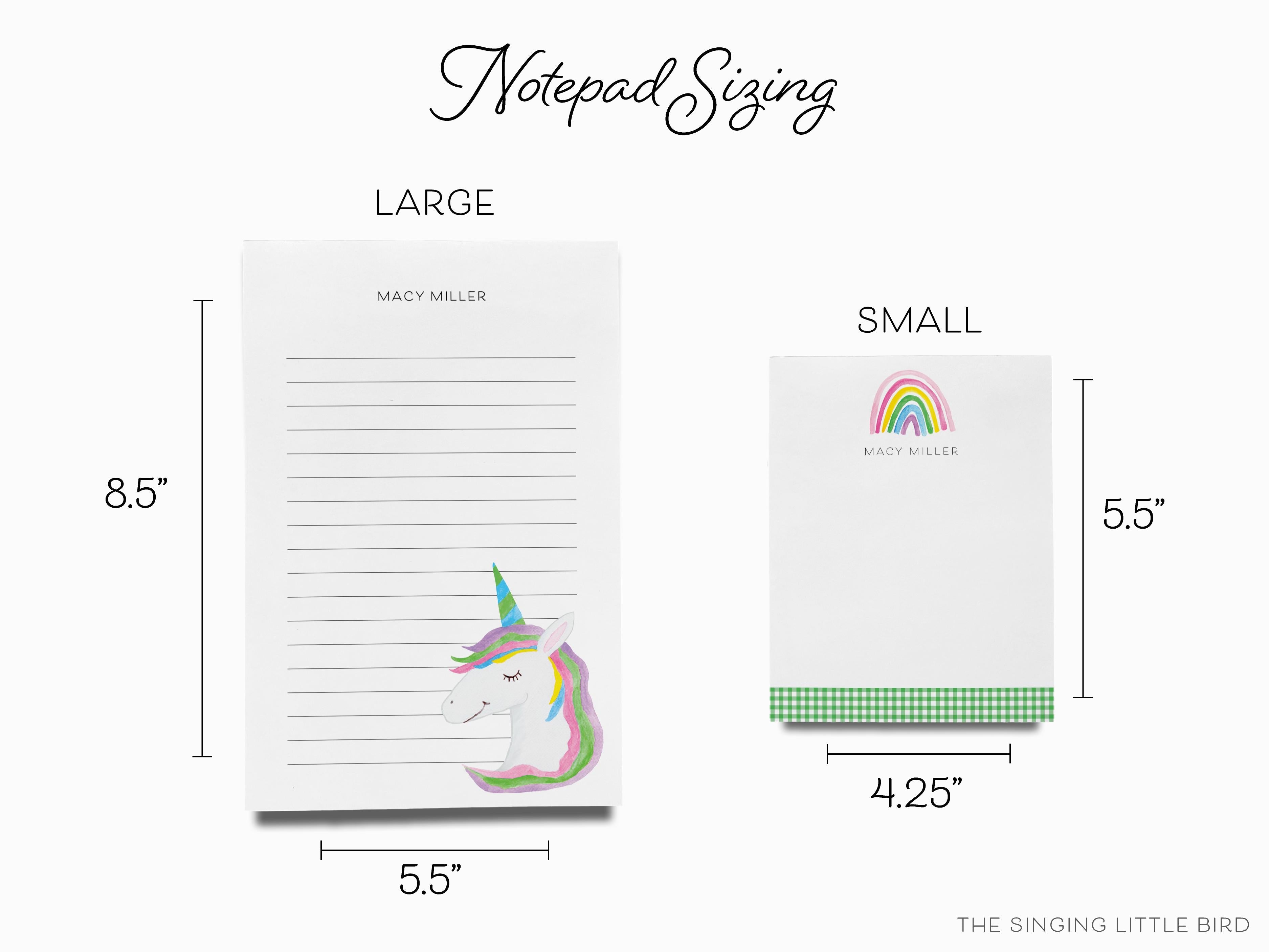 Personalized Rainbow and Unicorn Notepad-These personalized notepads feature our hand-painted watercolor rainbow and unicorn, printed in the USA on a beautiful smooth stock. You choose which size you want (or bundled together for a beautiful gift set) and makes a great gift for the checklist and magical lover in your life.-The Singing Little Bird