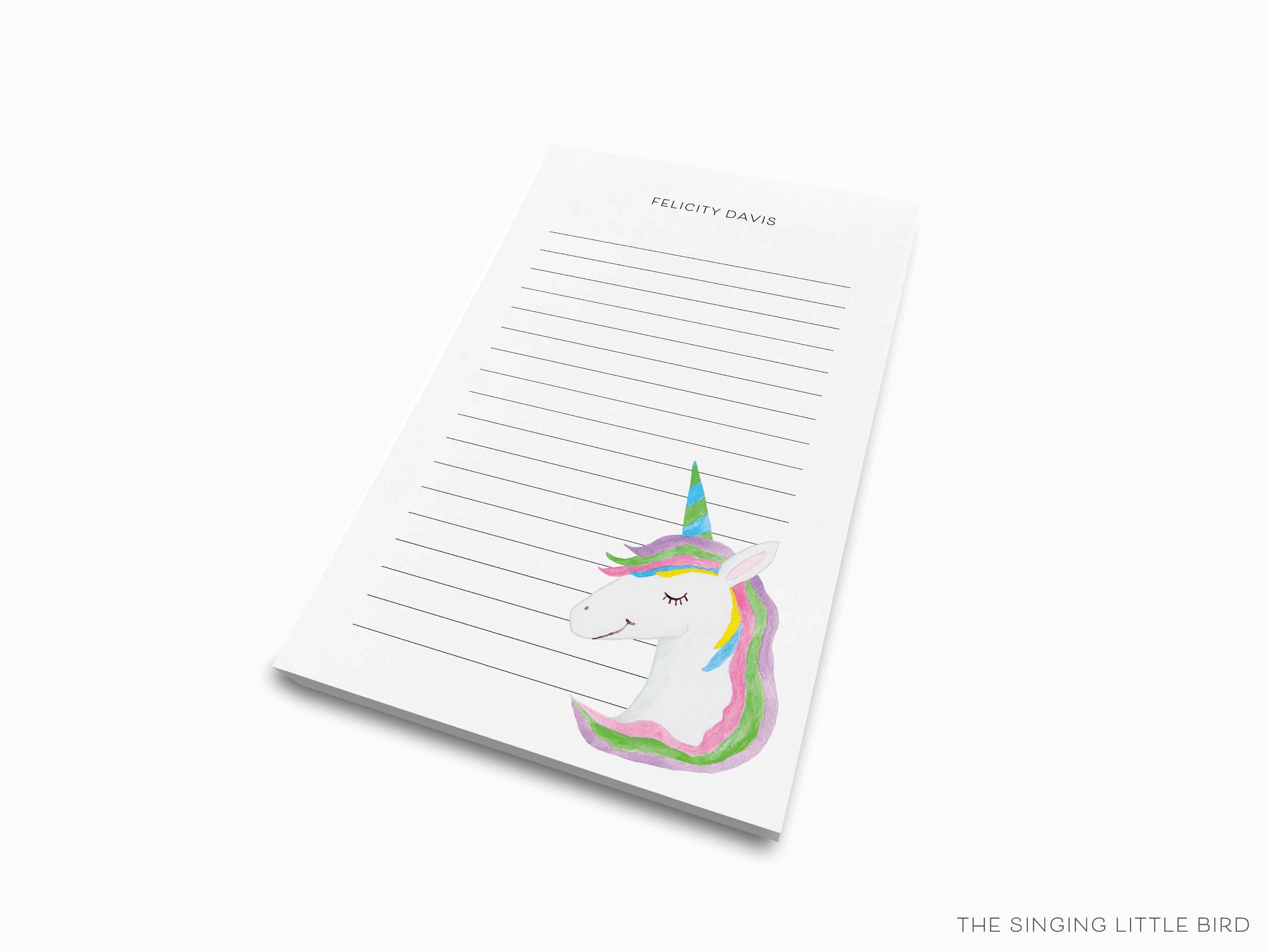 Personalized Rainbow and Unicorn Notepad-These personalized notepads feature our hand-painted watercolor rainbow and unicorn, printed in the USA on a beautiful smooth stock. You choose which size you want (or bundled together for a beautiful gift set) and makes a great gift for the checklist and magical lover in your life.-The Singing Little Bird