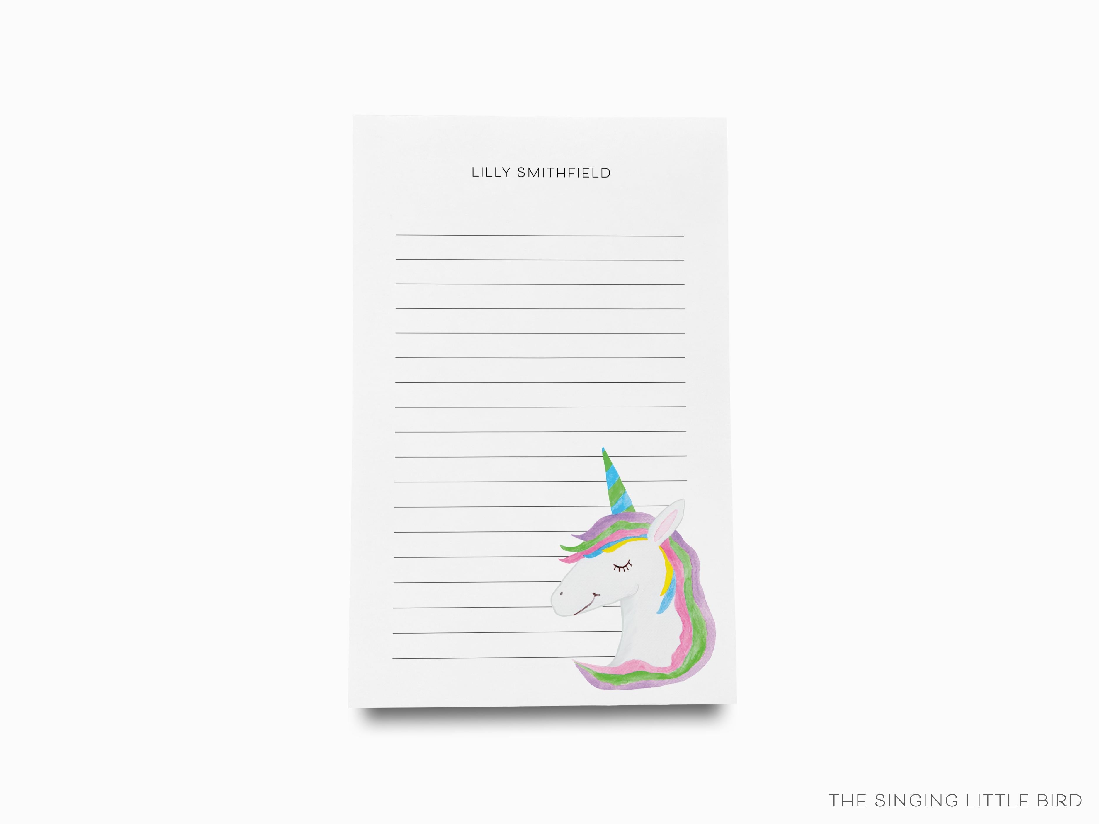 Personalized Rainbow and Unicorn Notepad-These personalized notepads feature our hand-painted watercolor rainbow and unicorn, printed in the USA on a beautiful smooth stock. You choose which size you want (or bundled together for a beautiful gift set) and makes a great gift for the checklist and magical lover in your life.-The Singing Little Bird