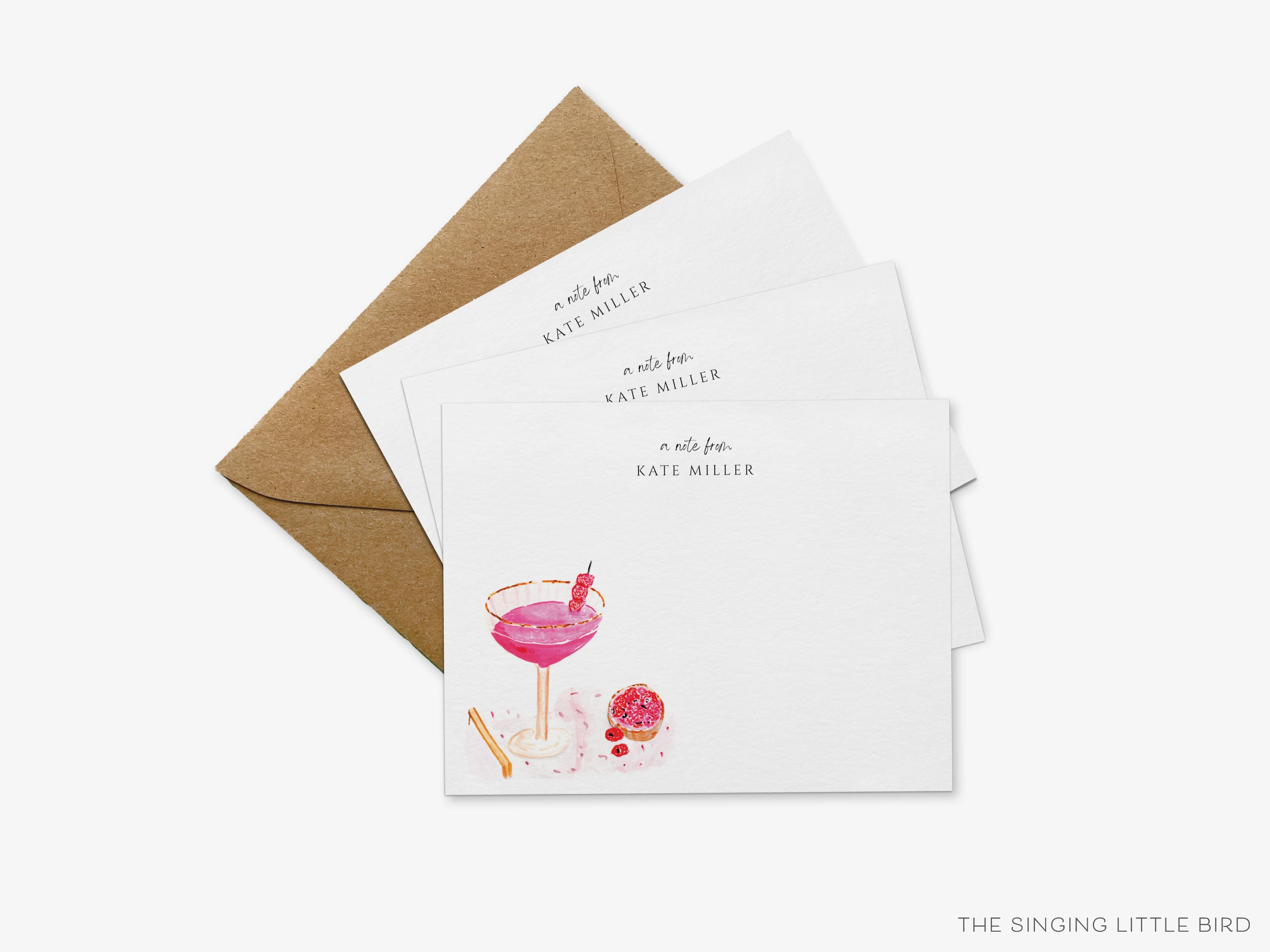 Personalized Raspberry Cream Cocktail Flat Notes-These personalized flat notecards are 4.25x5.5 and feature our hand-painted watercolor raspberries and cocktail glass, printed in the USA on 120lb textured stock. They come with your choice of envelopes and make great thank yous and gifts for the cocktail lover in your life.-The Singing Little Bird