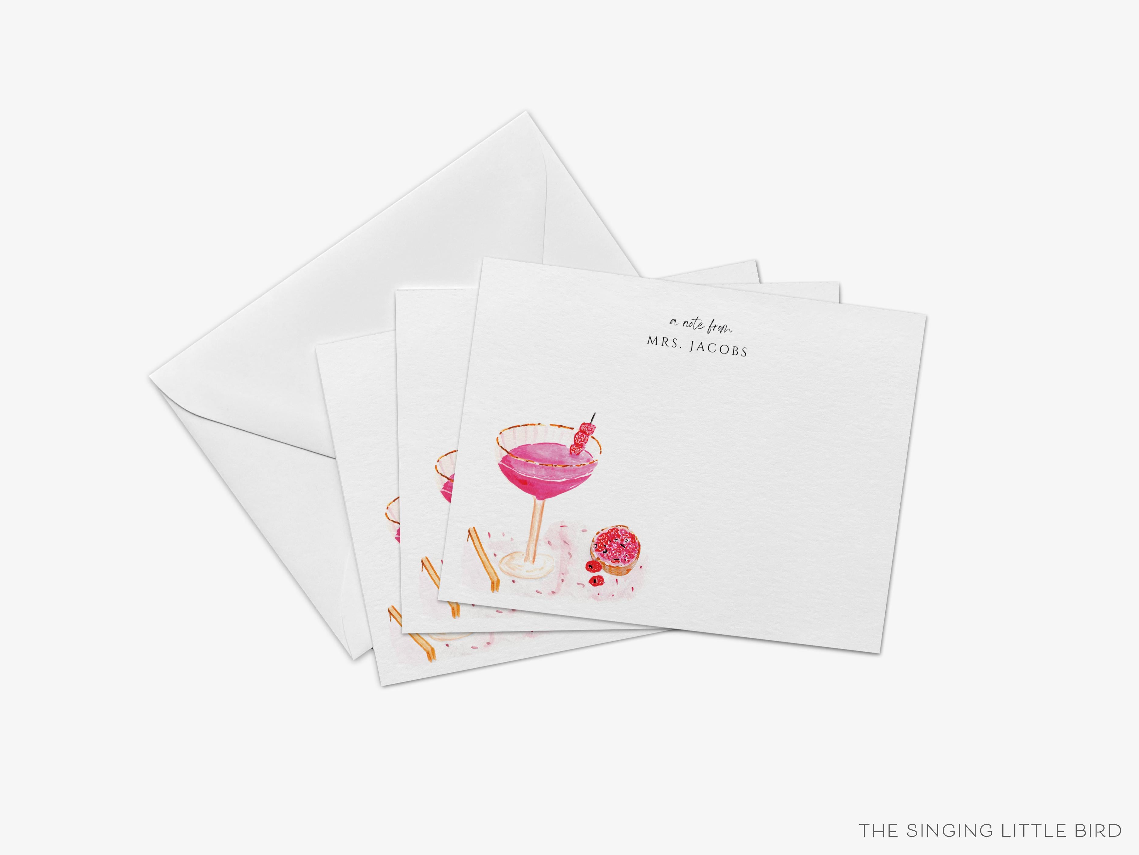 Personalized Raspberry Cream Cocktail Flat Notes-These personalized flat notecards are 4.25x5.5 and feature our hand-painted watercolor raspberries and cocktail glass, printed in the USA on 120lb textured stock. They come with your choice of envelopes and make great thank yous and gifts for the cocktail lover in your life.-The Singing Little Bird