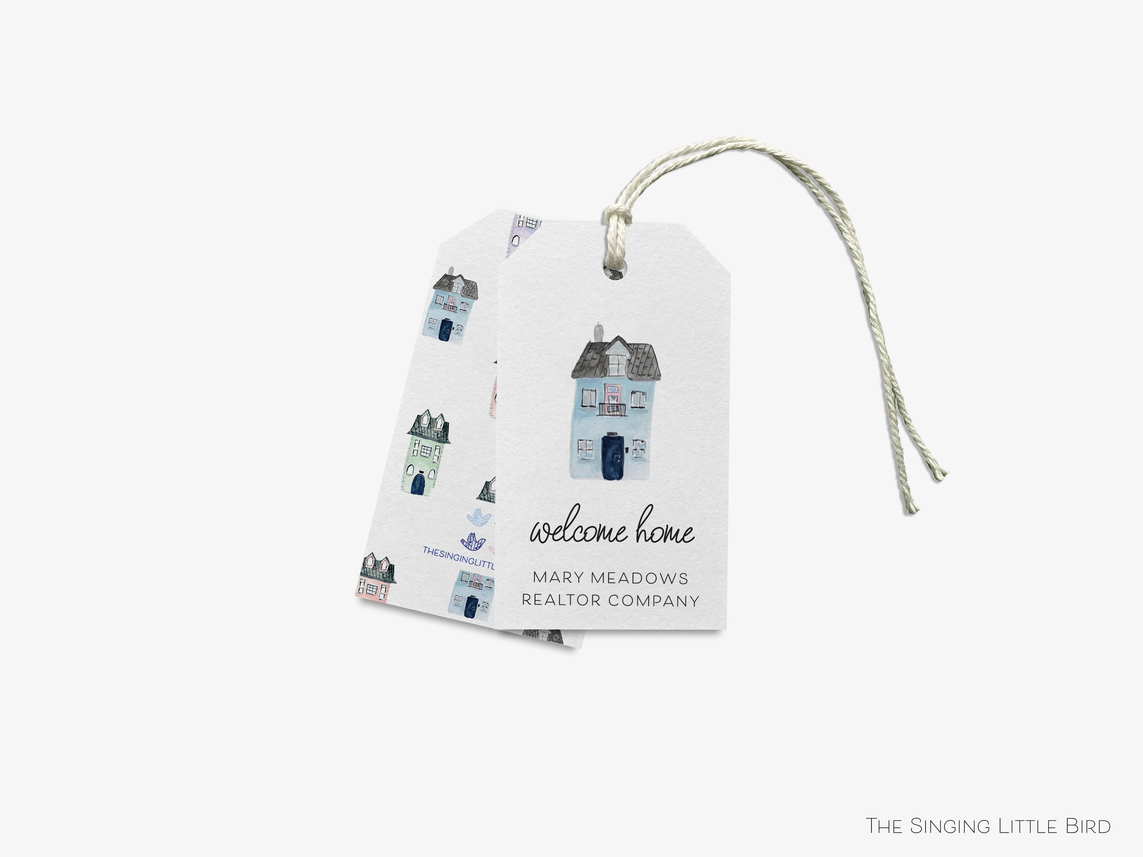 Personalized Realtor Welcome Home Gift Tags-These gift tags come in sets, hole-punched with white twine and feature our hand-painted watercolor house, printed in the USA on 120lb textured stock. They make great tags for gifting or gifts for the new home buyer in your life.-The Singing Little Bird