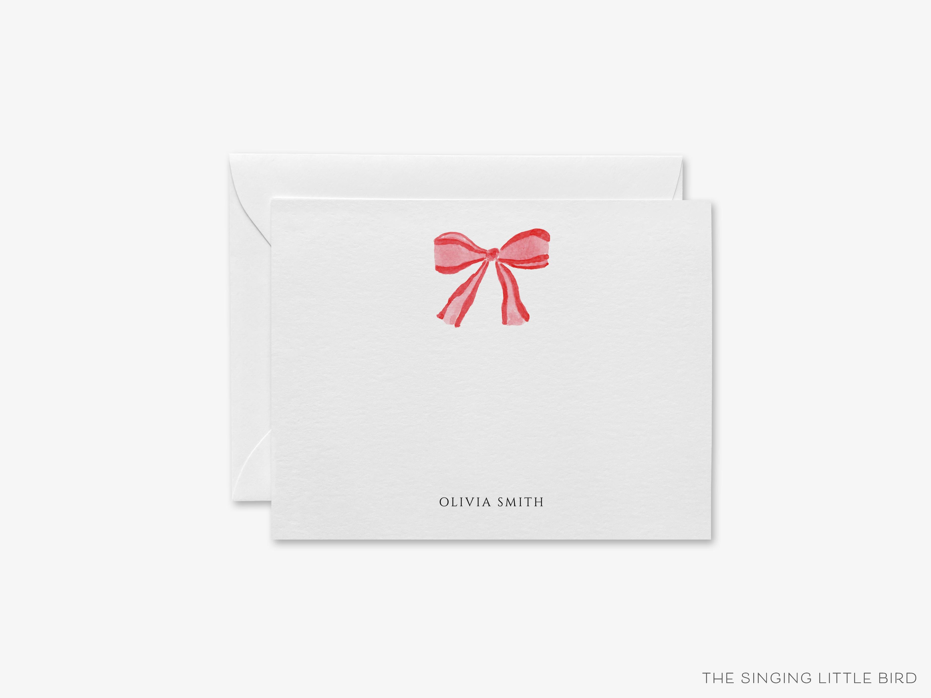 Personalized Red Bow Christmas Flat Notes-These personalized flat notecards are 4.25x5.5 and feature our hand-painted watercolor red bow, printed in the USA on 120lb textured stock. They come with your choice of envelopes and make great thank yous and gifts for the Christmas bow lover in your life.-The Singing Little Bird