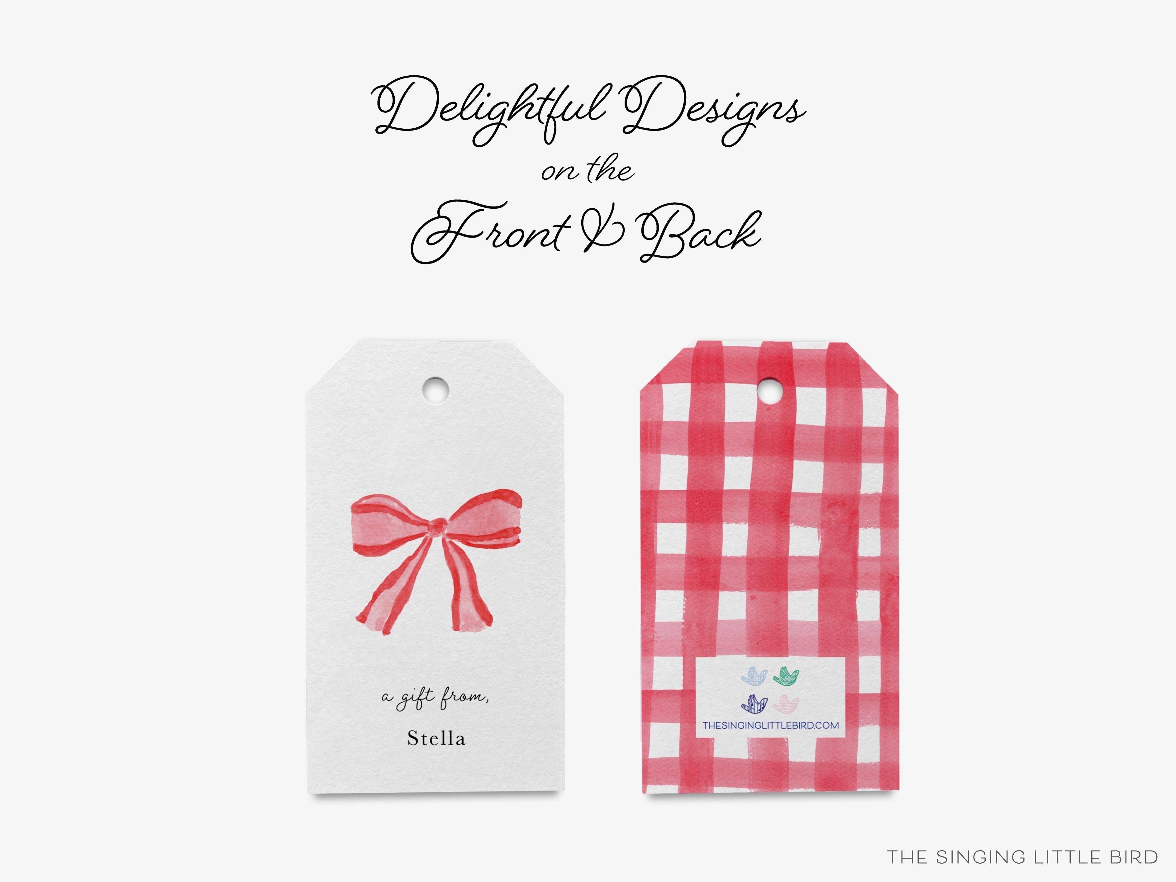 Personalized Red Bow Gift Tags-These gift tags come in sets, hole-punched with white twine and feature our hand-painted watercolor red bow, printed in the USA on 120lb textured stock. They make great tags for gifting or gifts for the holiday lover in your life.-The Singing Little Bird