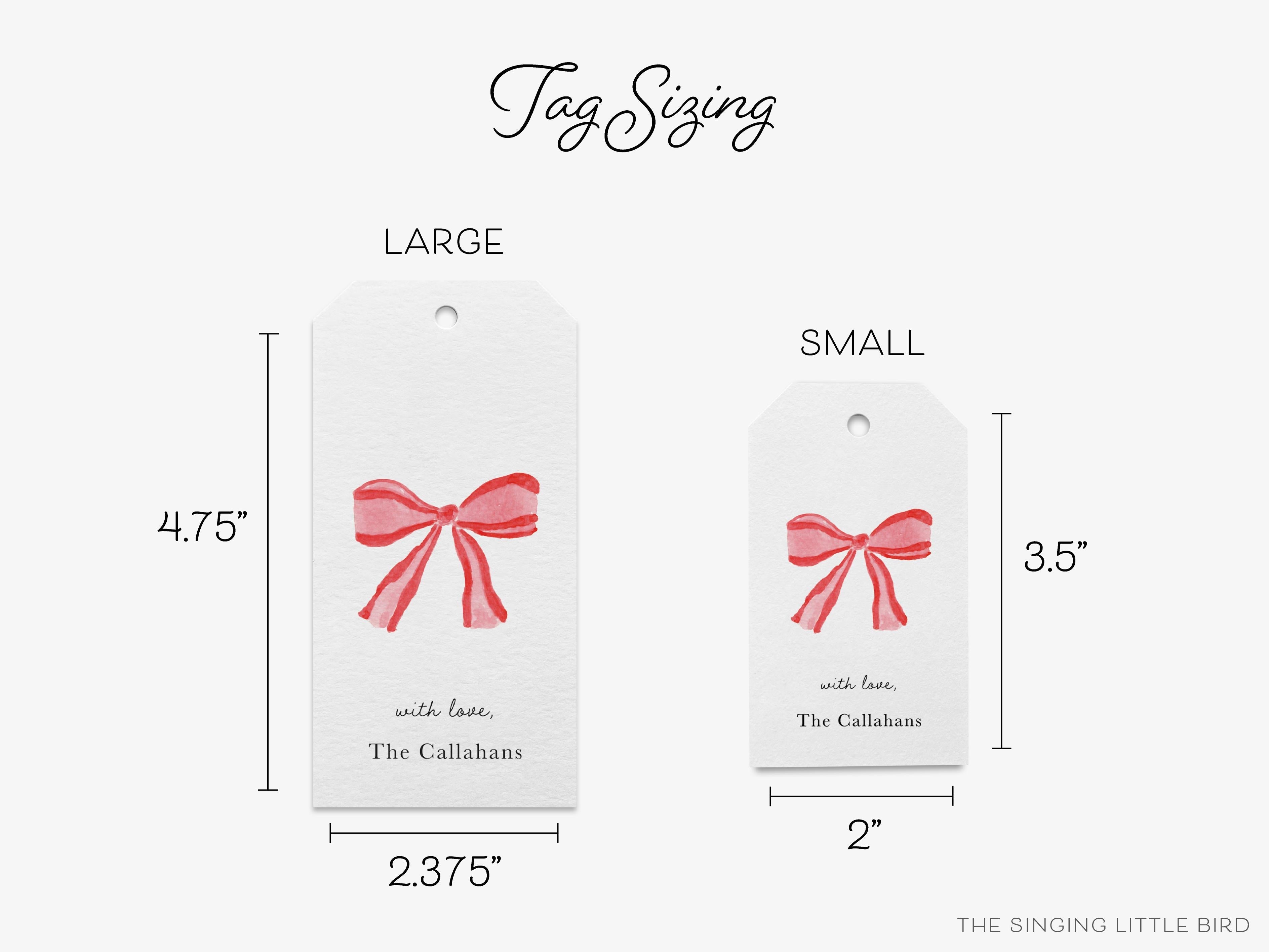 Personalized Red Bow Gift Tags-These gift tags come in sets, hole-punched with white twine and feature our hand-painted watercolor red bow, printed in the USA on 120lb textured stock. They make great tags for gifting or gifts for the holiday lover in your life.-The Singing Little Bird