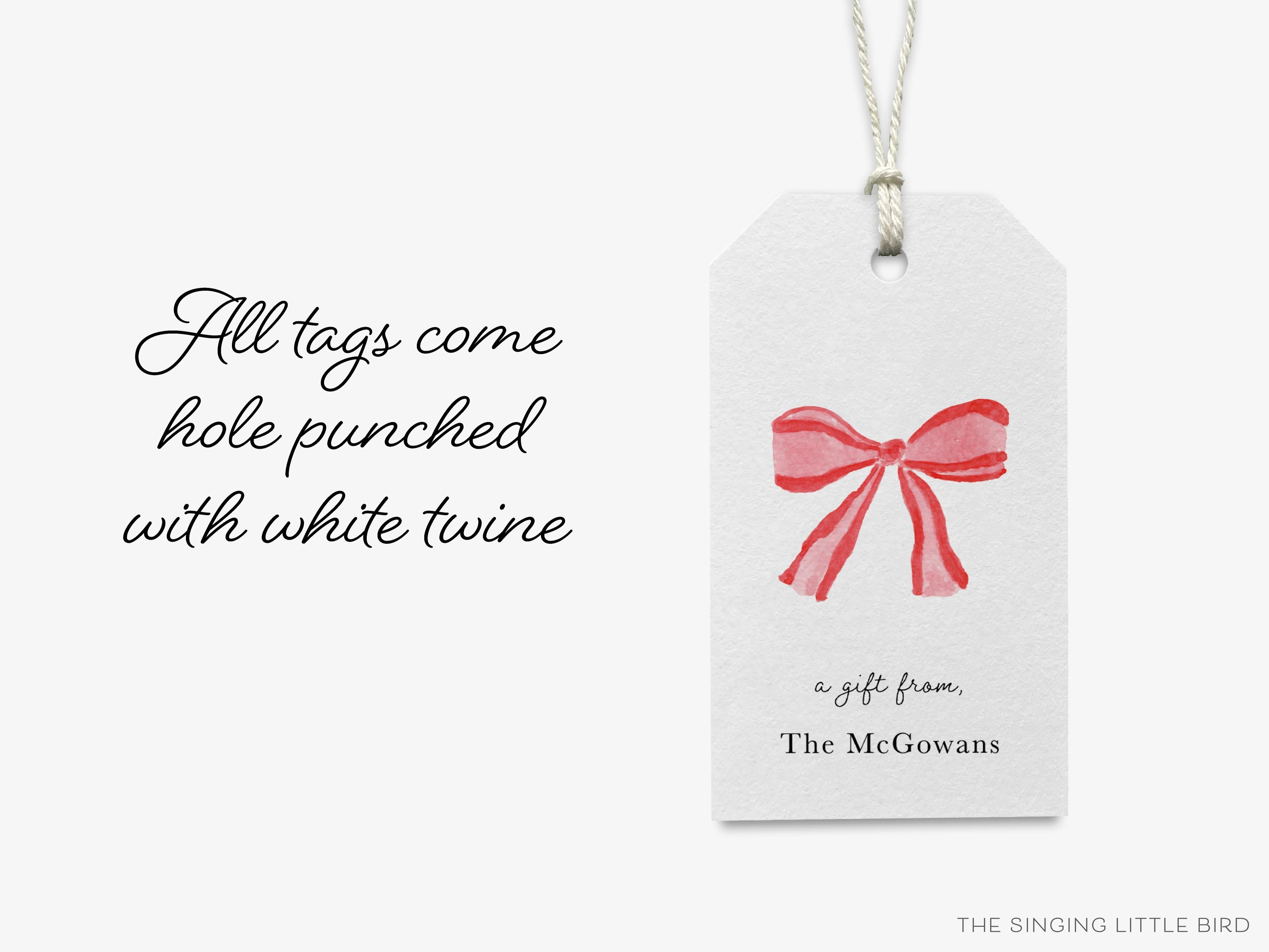 Personalized Red Bow Gift Tags-These gift tags come in sets, hole-punched with white twine and feature our hand-painted watercolor red bow, printed in the USA on 120lb textured stock. They make great tags for gifting or gifts for the holiday lover in your life.-The Singing Little Bird