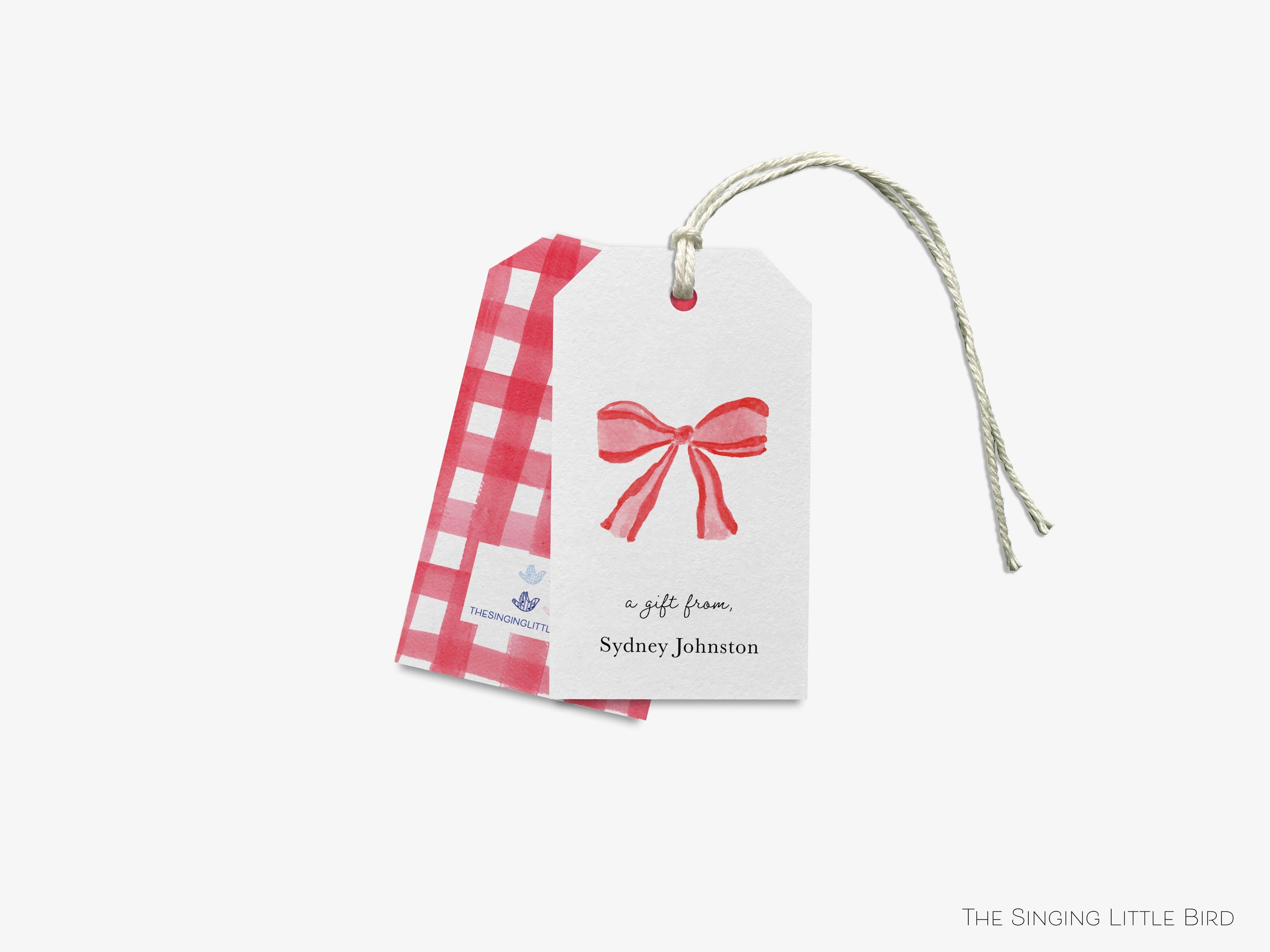 Personalized Red Bow Gift Tags-These gift tags come in sets, hole-punched with white twine and feature our hand-painted watercolor red bow, printed in the USA on 120lb textured stock. They make great tags for gifting or gifts for the holiday lover in your life.-The Singing Little Bird