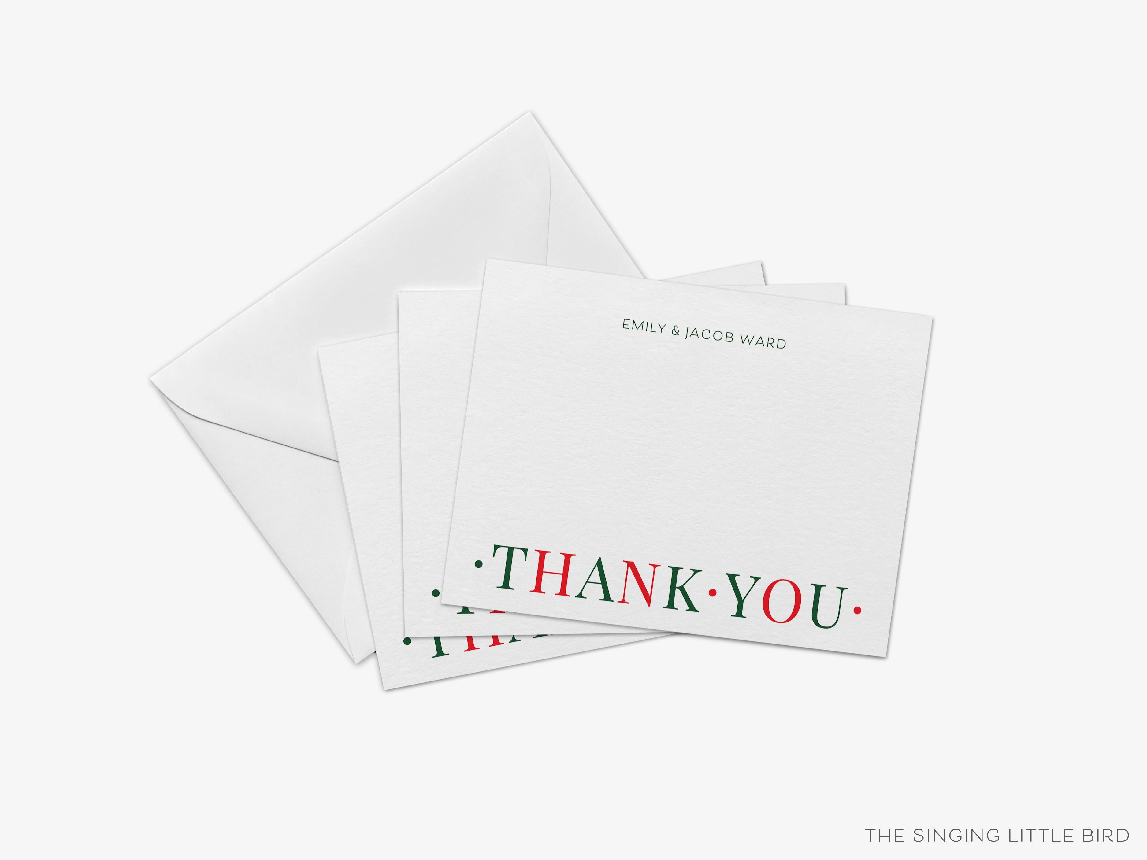 Personalized Red and Green Christmas Thank You Notes-These personalized flat notecards are 4.25x5.5 and feature our hand-painted watercolor red and green print, printed in the USA on 120lb textured stock. They come with your choice of envelopes and make great thank yous and gifts for the holiday lover in your life.-The Singing Little Bird