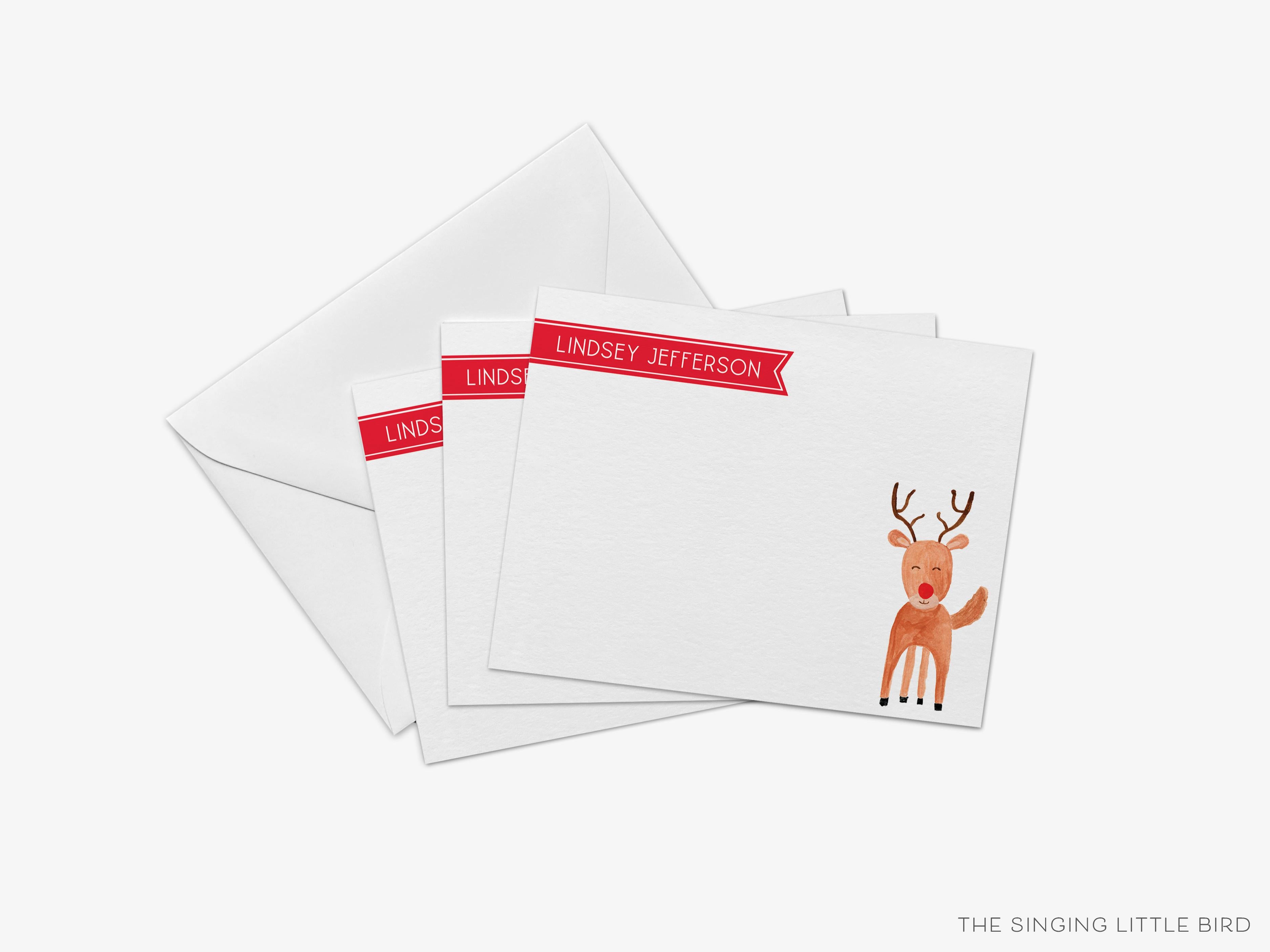 Personalized Reindeer Christmas Thank You Notes-These personalized flat notecards are 4.25x5.5 and feature our hand-painted watercolor reindeer, printed in the USA on 120lb textured stock. They come with your choice of envelopes and make great thank yous and gifts for the holiday lover in your life.-The Singing Little Bird
