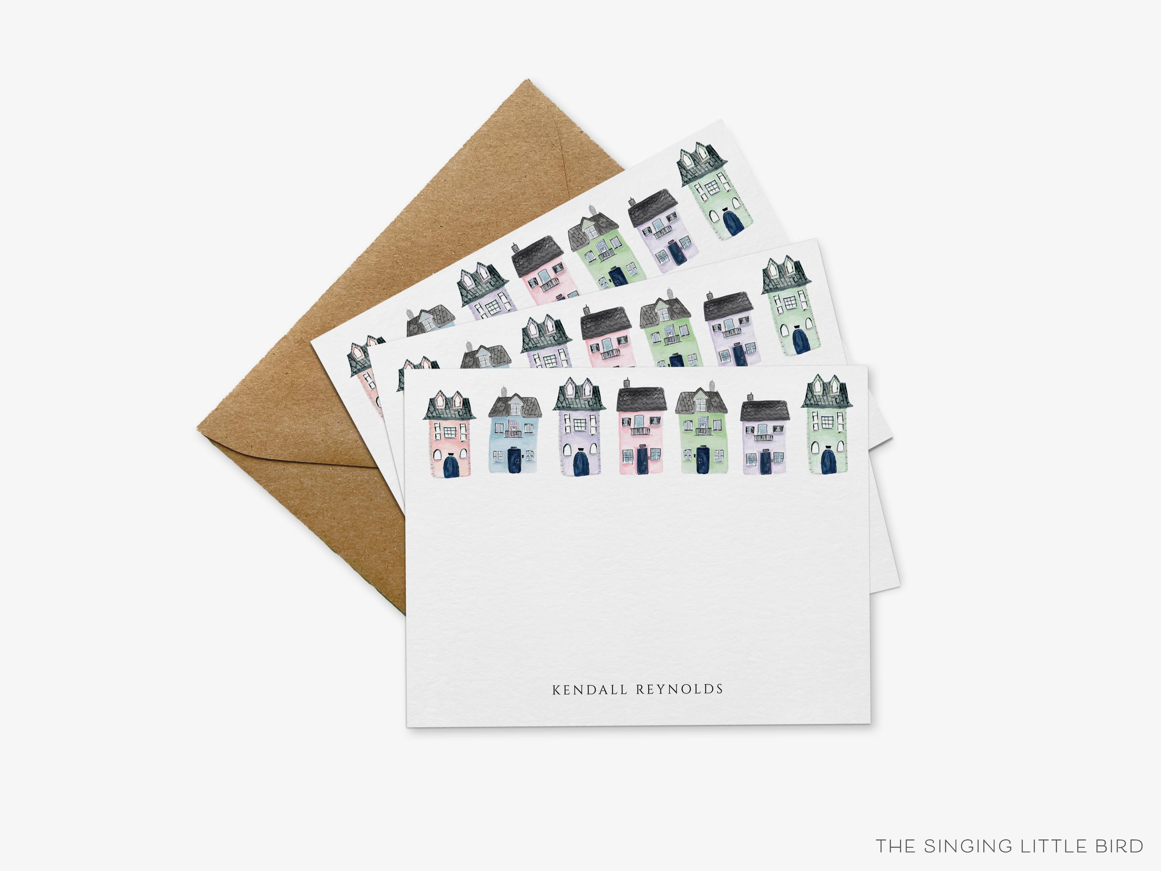 Personalized Row of Houses Flat Notes-These personalized flat notecards are 4.25x5.5 and feature our hand-painted watercolor houses, printed in the USA on 120lb textured stock. They come with your choice of envelopes and make great thank yous and gifts for the house lover in your life.-The Singing Little Bird