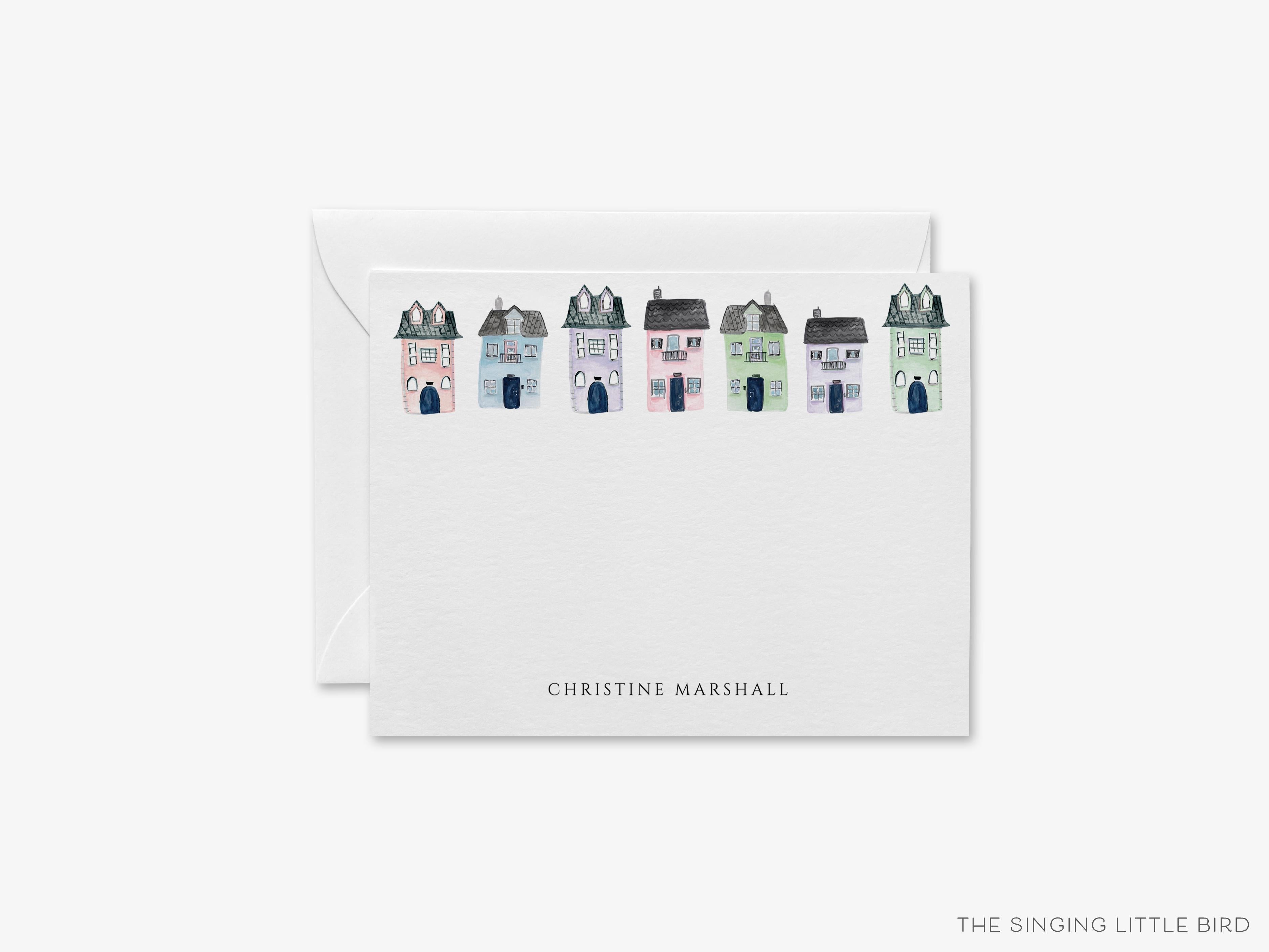 Personalized Row of Houses Flat Notes-These personalized flat notecards are 4.25x5.5 and feature our hand-painted watercolor houses, printed in the USA on 120lb textured stock. They come with your choice of envelopes and make great thank yous and gifts for the house lover in your life.-The Singing Little Bird