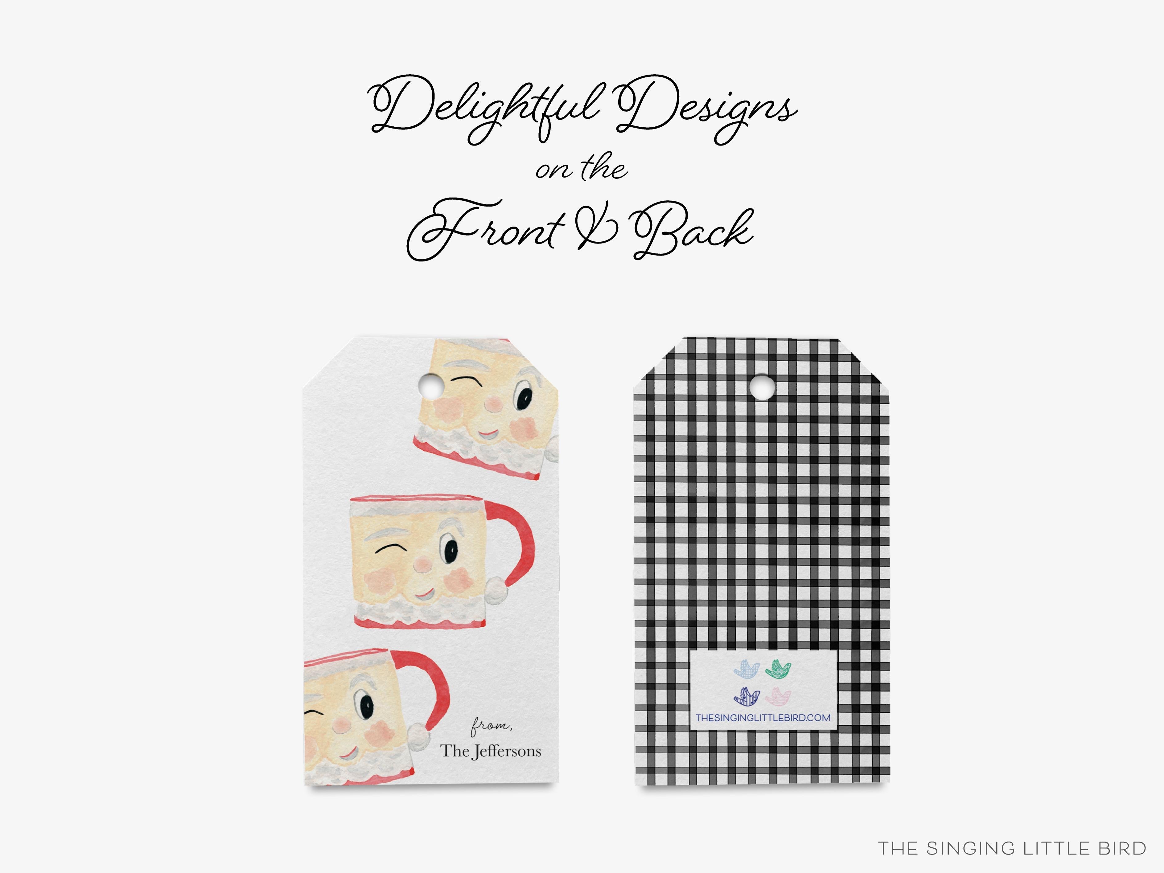 Personalized Santa Claus Mug Holiday Gift Tags-These gift tags come in sets, hole-punched with white twine and feature our hand-painted watercolor Santa Claus mug, printed in the USA on 120lb textured stock. They make great tags for gifting or gifts for the holiday lover in your life.-The Singing Little Bird