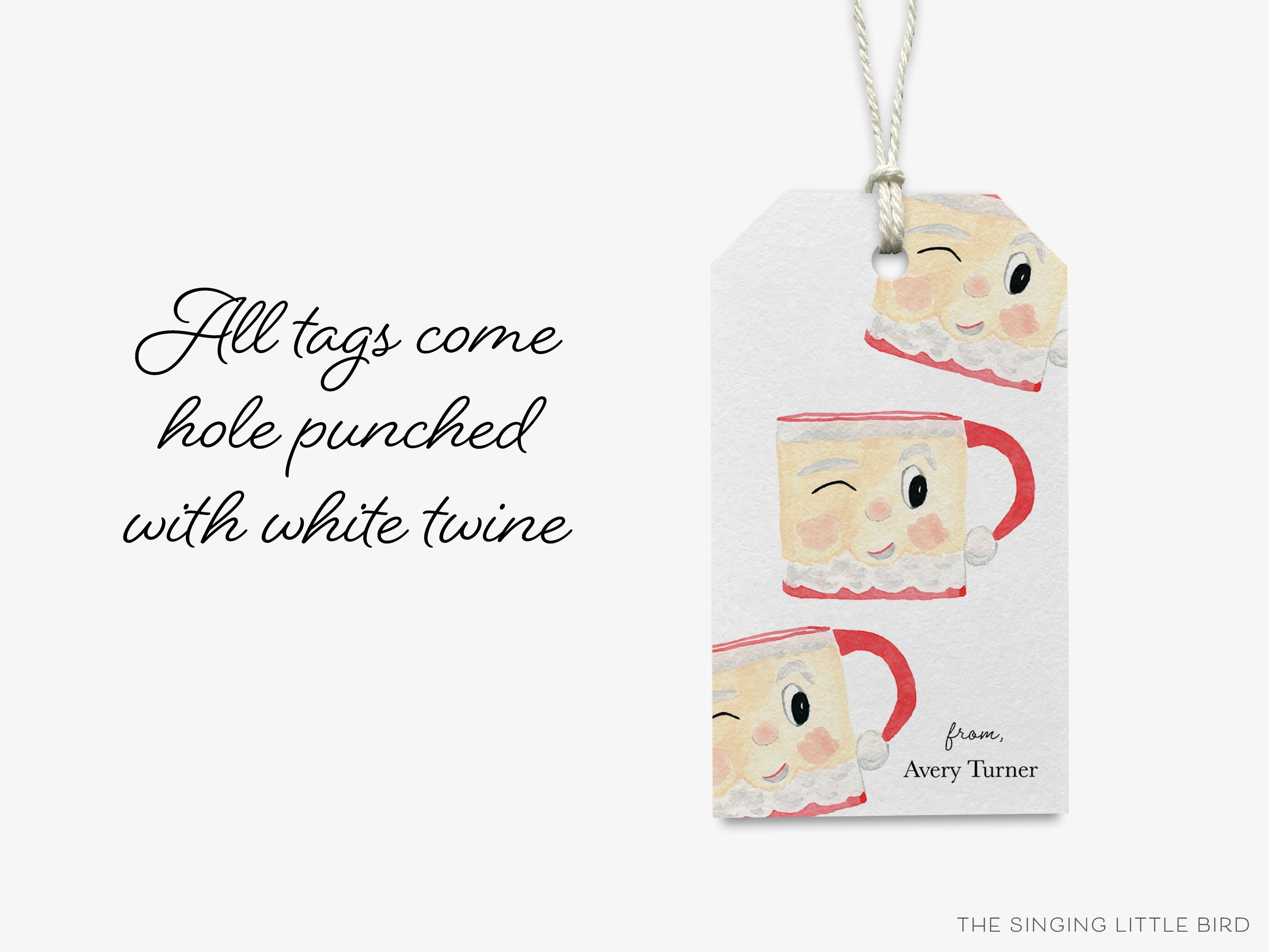 Personalized Santa Claus Mug Holiday Gift Tags-These gift tags come in sets, hole-punched with white twine and feature our hand-painted watercolor Santa Claus mug, printed in the USA on 120lb textured stock. They make great tags for gifting or gifts for the holiday lover in your life.-The Singing Little Bird