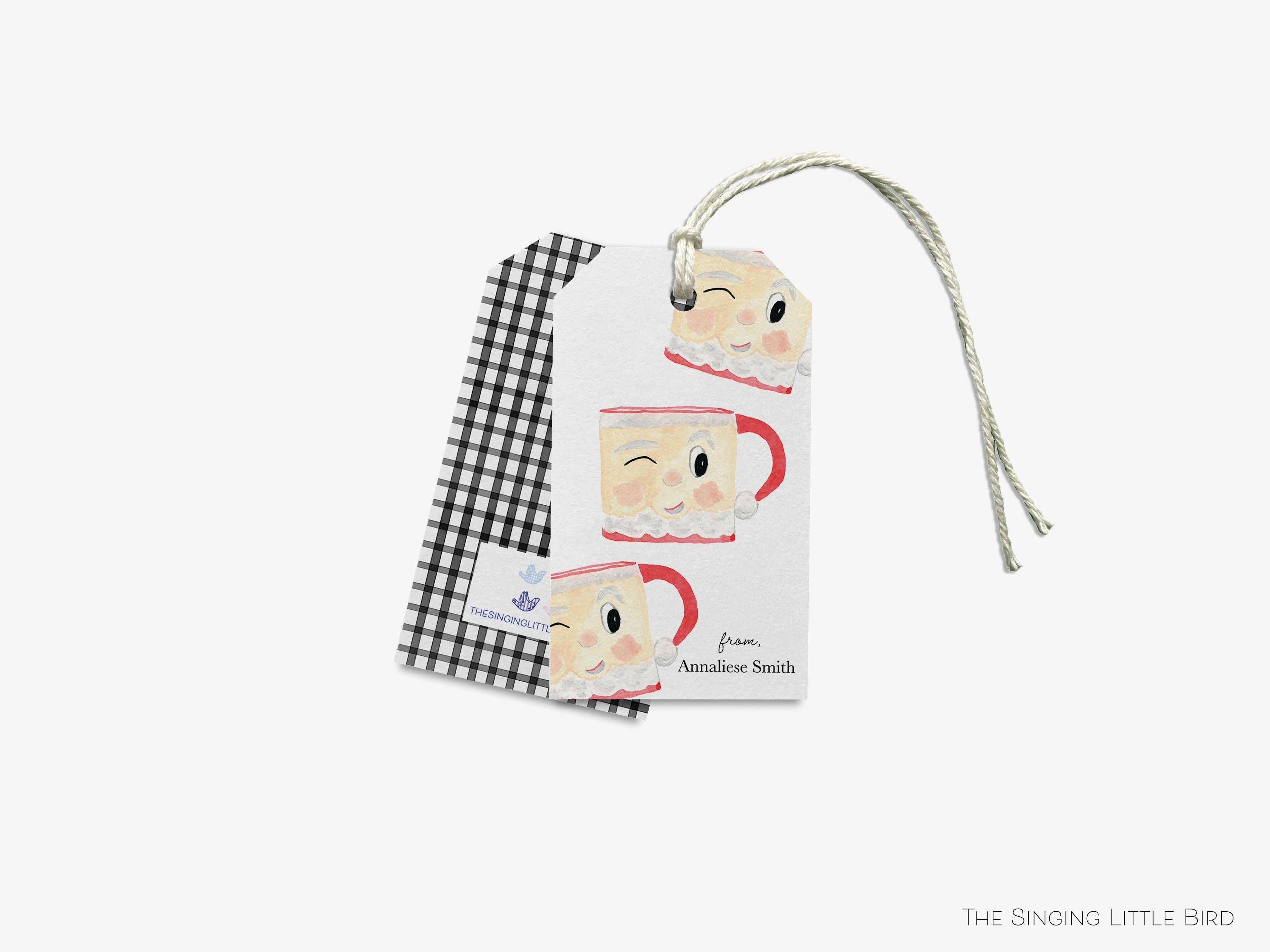 Personalized Santa Claus Mug Holiday Gift Tags-These gift tags come in sets, hole-punched with white twine and feature our hand-painted watercolor Santa Claus mug, printed in the USA on 120lb textured stock. They make great tags for gifting or gifts for the holiday lover in your life.-The Singing Little Bird