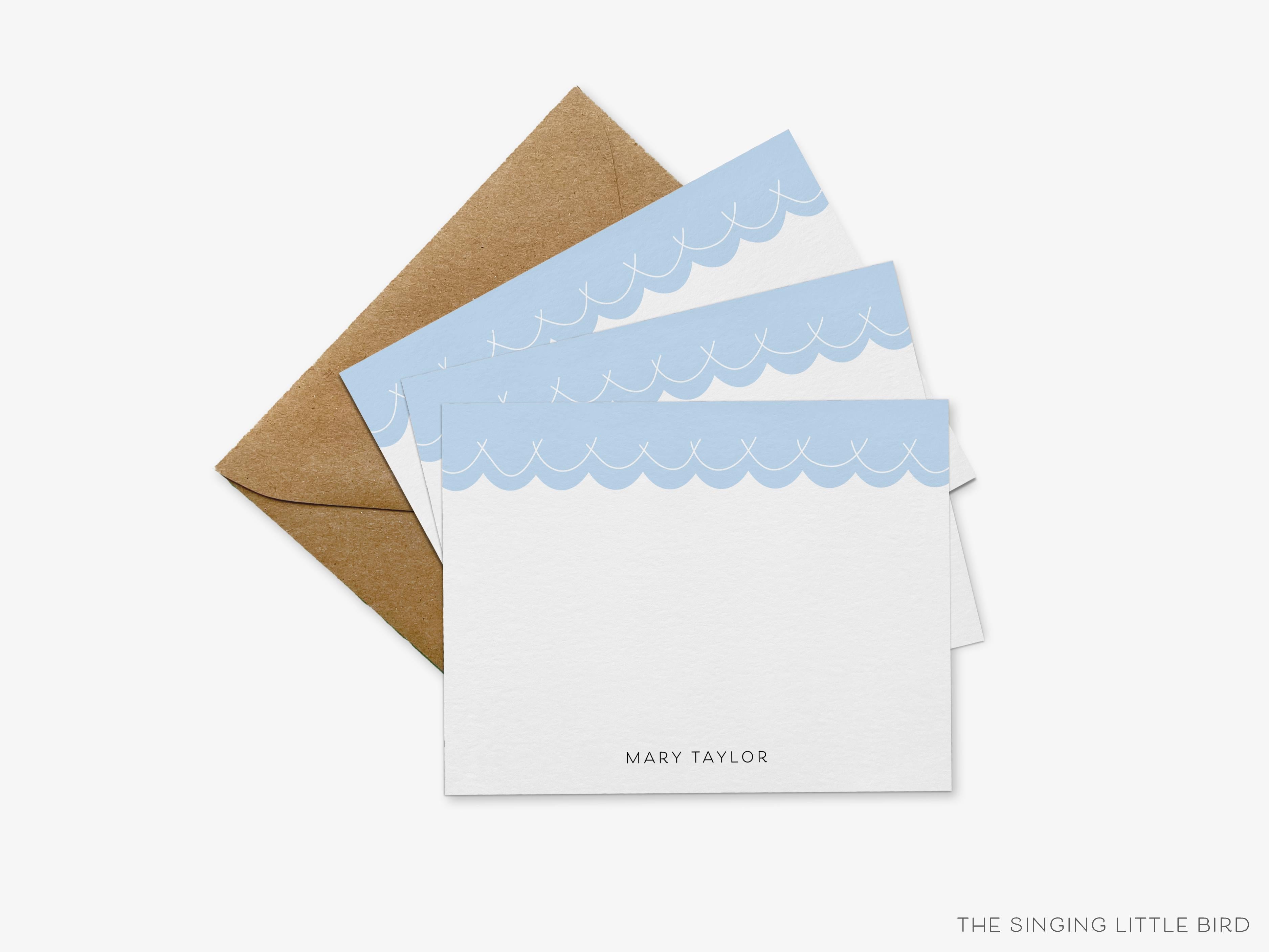 Personalized Scalloped Flat Notes-These personalized flat notecards are 4.25x5.5 and feature our hand-painted watercolor scallop design, printed in the USA on 120lb textured stock. They come with your choice of envelopes and make great all occasion cards.-The Singing Little Bird