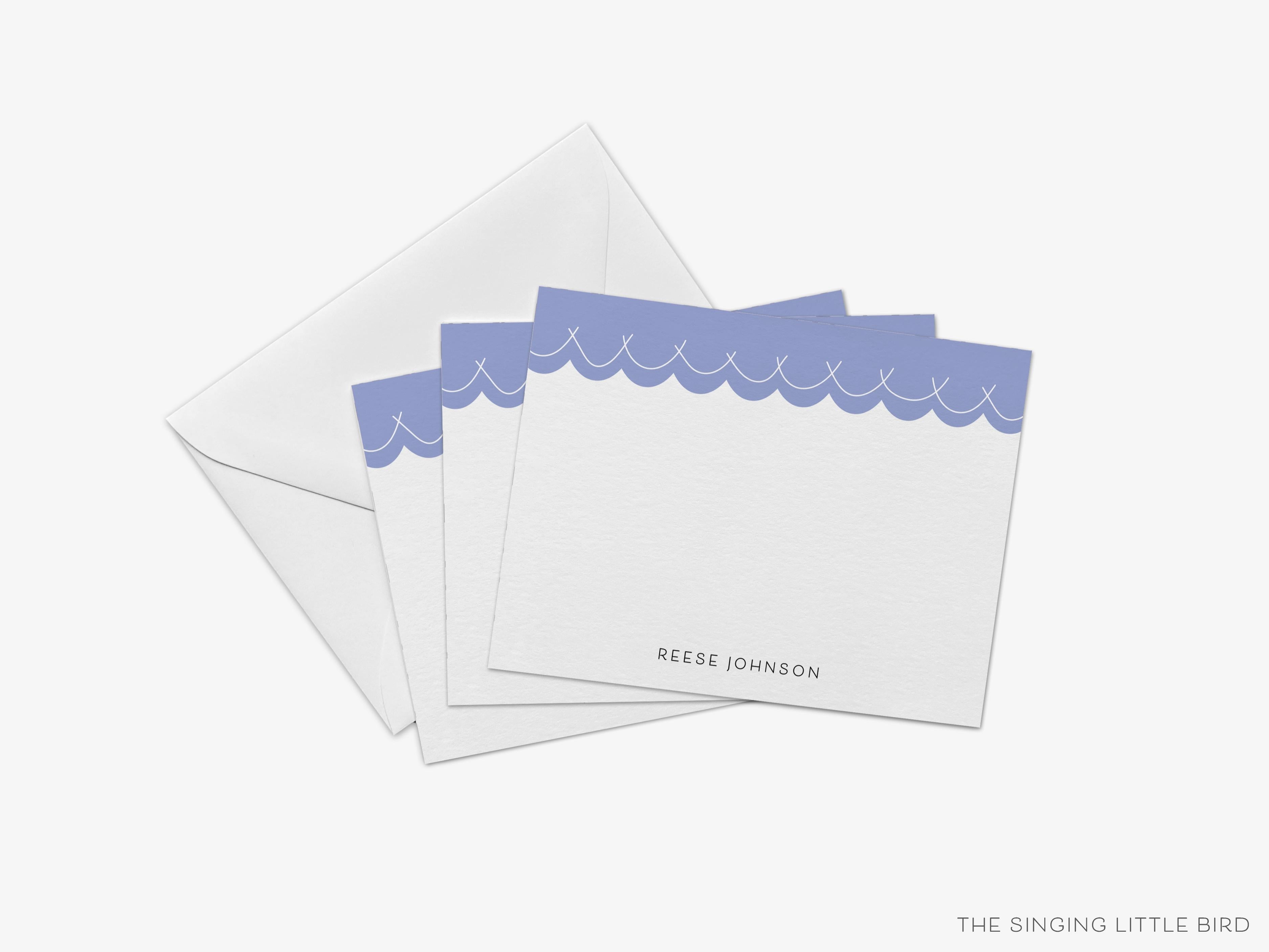 Personalized Scalloped Flat Notes-These personalized flat notecards are 4.25x5.5 and feature our hand-painted watercolor scallop design, printed in the USA on 120lb textured stock. They come with your choice of envelopes and make great all occasion cards.-The Singing Little Bird