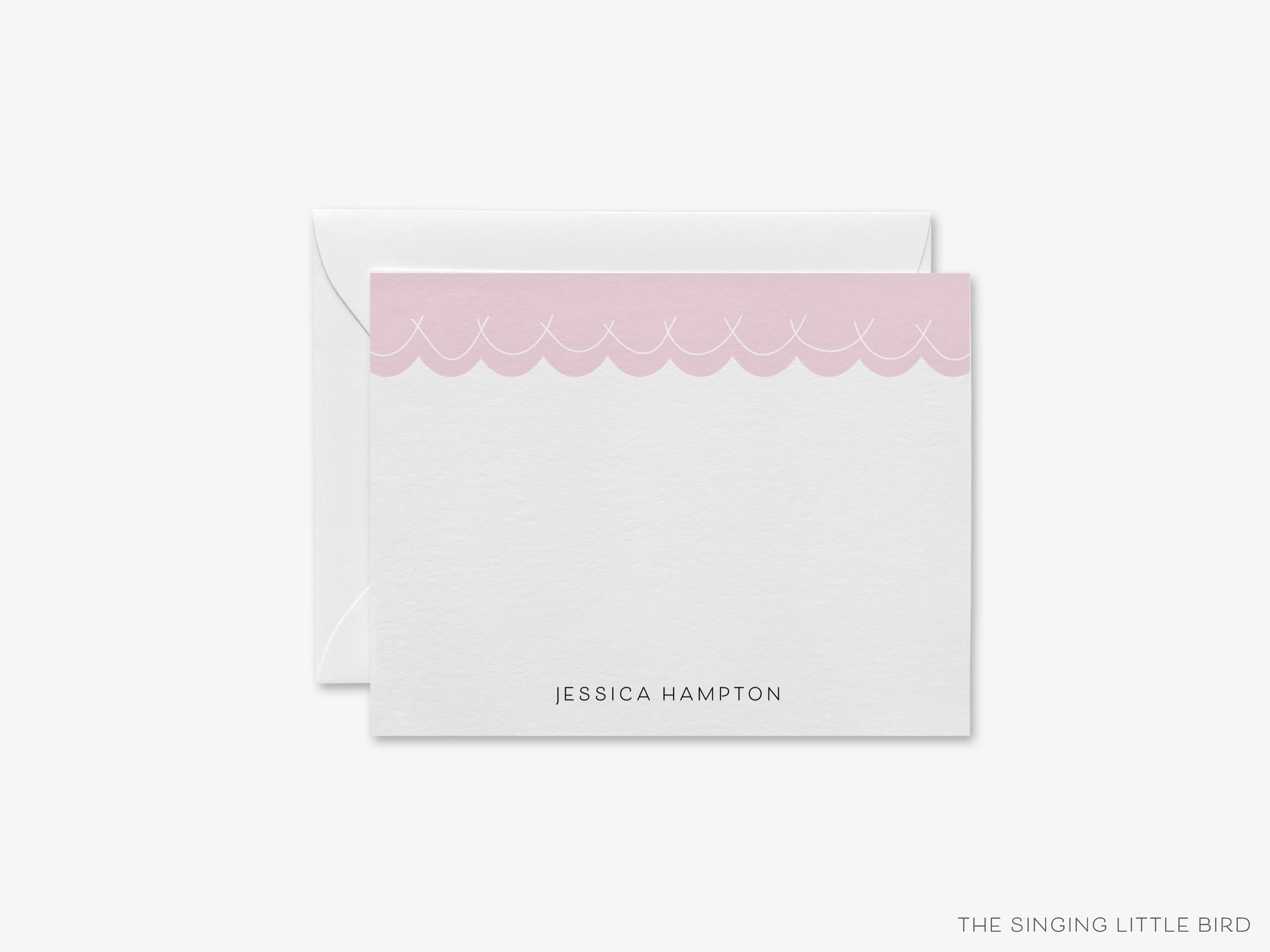 Personalized Scalloped Flat Notes-These personalized flat notecards are 4.25x5.5 and feature our hand-painted watercolor scallop design, printed in the USA on 120lb textured stock. They come with your choice of envelopes and make great all occasion cards.-The Singing Little Bird