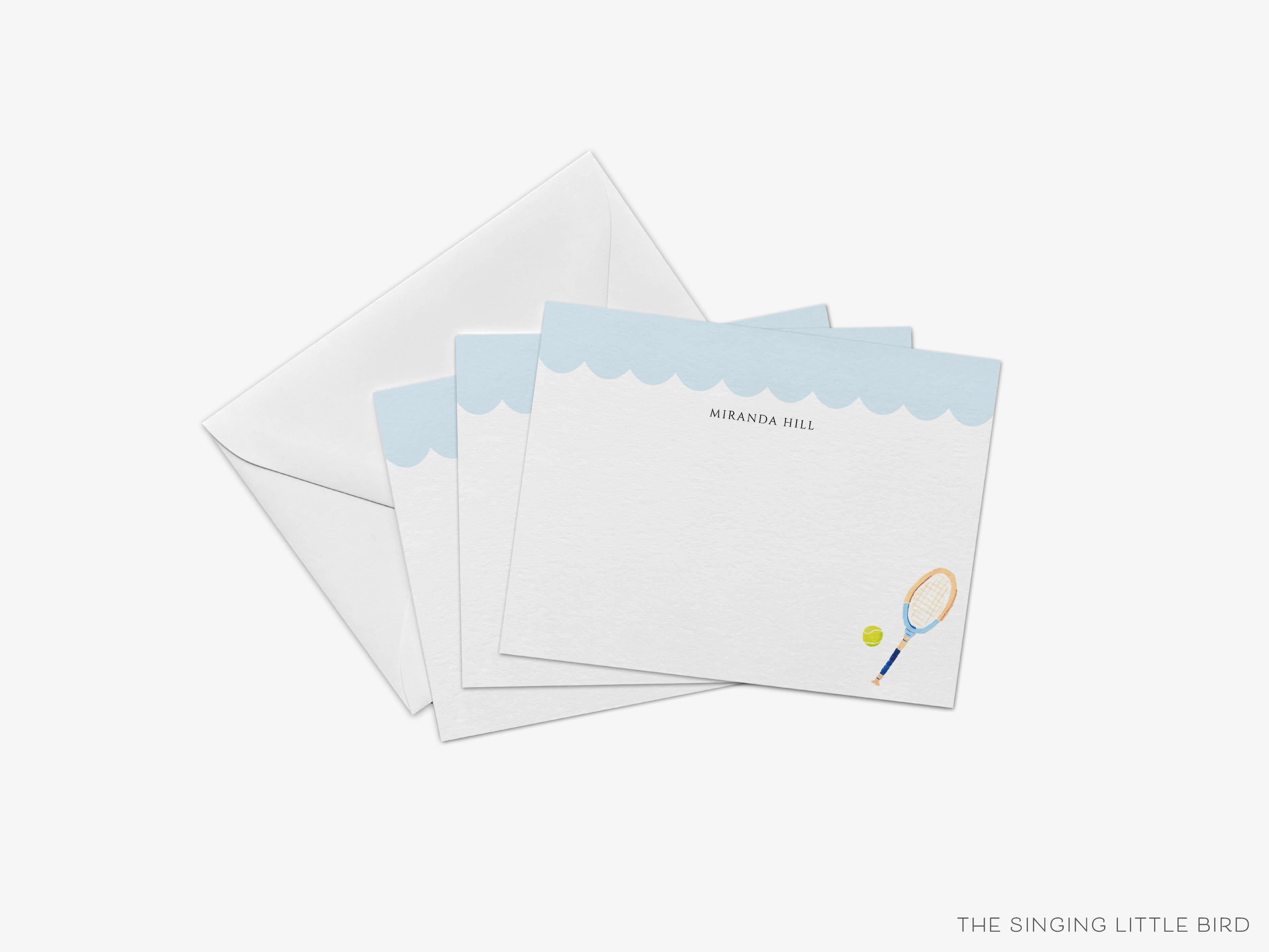 Personalized Scalloped Tennis Flat Notes-These personalized flat notecards are 4.25x5.5 and feature our hand-painted watercolor tennis racket, printed in the USA on 120lb textured stock. They come with your choice of envelopes and make great thank yous and gifts for the tennis lover in your life.-The Singing Little Bird