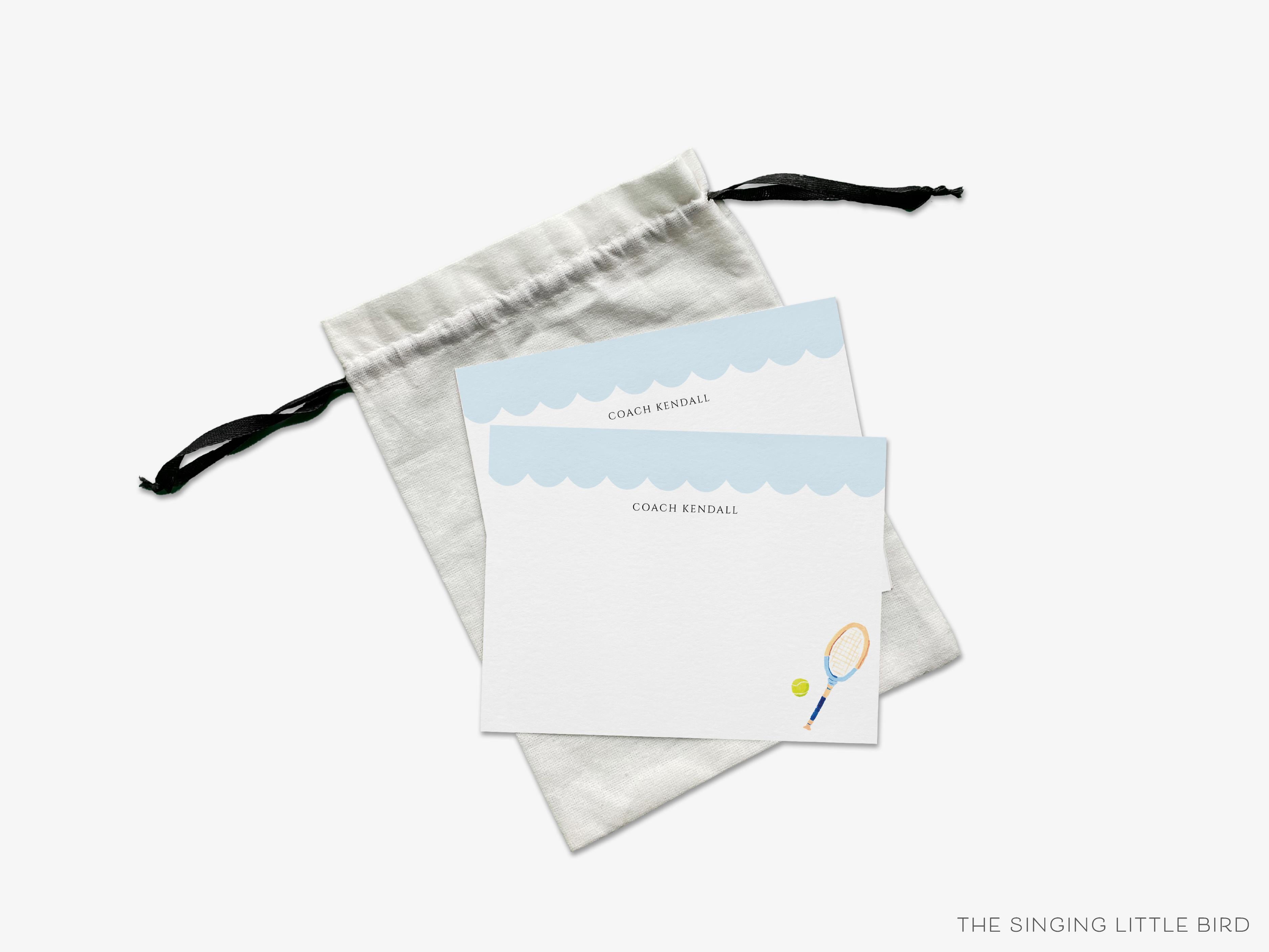 Personalized Scalloped Tennis Flat Notes-These personalized flat notecards are 4.25x5.5 and feature our hand-painted watercolor tennis racket, printed in the USA on 120lb textured stock. They come with your choice of envelopes and make great thank yous and gifts for the tennis lover in your life.-The Singing Little Bird